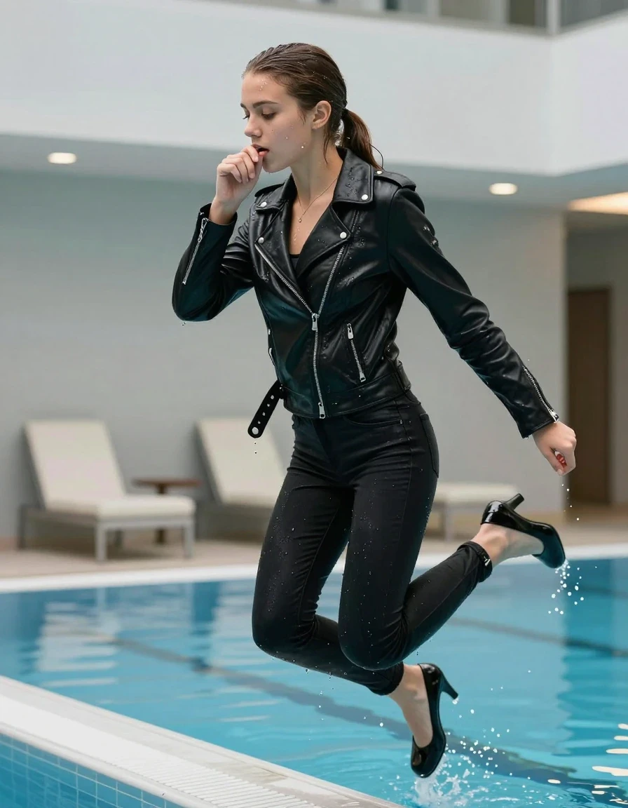 photo of young woman, in soaking wet, drenched clothes,
Black pumps , Skinny jeans, Black biker leatherjacket , indoor pool, 
enjoying, wet clothes stuck to body,
detailed textures of the wet clothes, wet face, wet plastered hair,
wet, drenched, professional, high-quality details, full body view.
sharp focus, ultra-high pixel detail, realistic, high-quality, full colors, incredibly detailed, 4k, 8k, 16k, hyper-realistic, RAW photo, masterpiece, ultra-detailed, professionally color graded, professional photograph, A 15-years-old teenage girl with sleek ponytail and a hand on her mouth is jumping into the pool fully clothed., wet skin, wet clothes, damp fabric, wet skin, wet clothes, damp fabric, wet skin, wet clothes, damp fabric