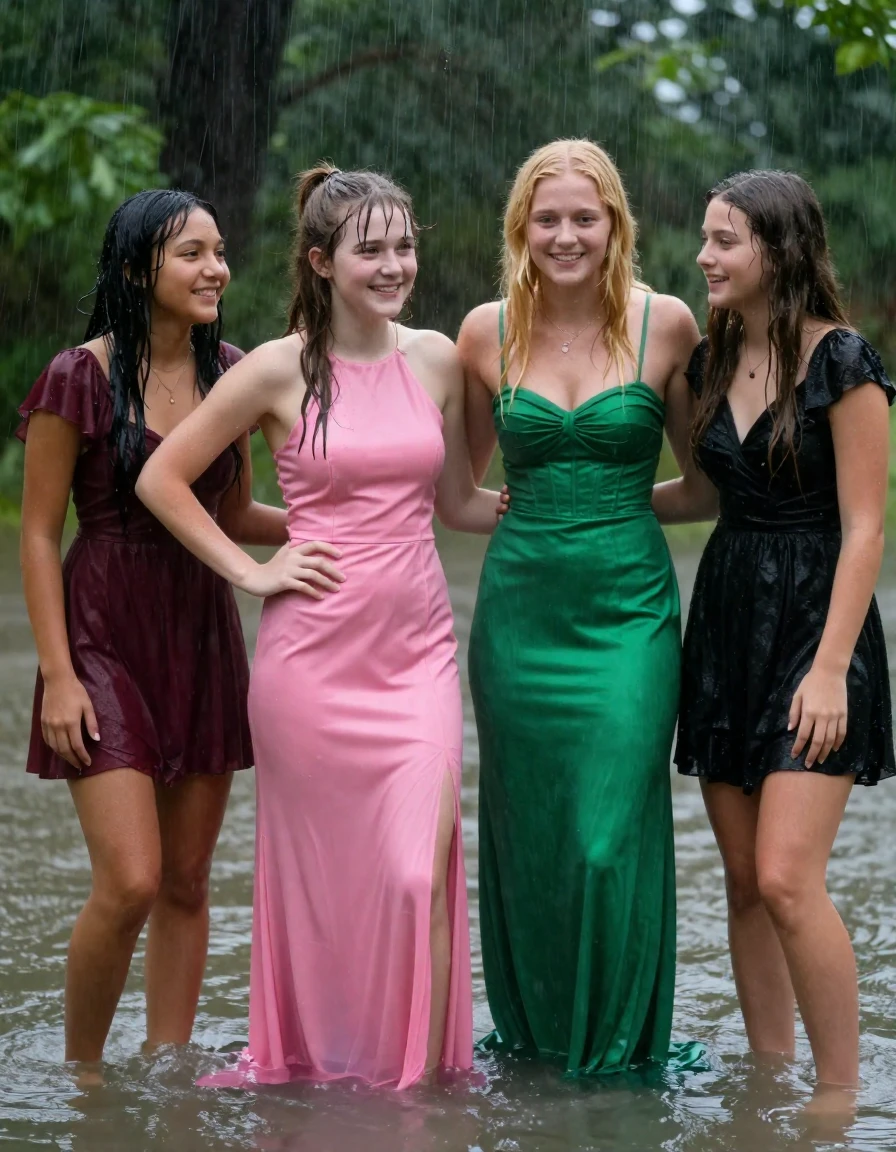photo of young woman, in soaking wet, drenched clothes,
, , dress, 4.college girls playing in a flooded forest in the heavy rain , 
enjoying, wet clothes stuck to body,
detailed textures of the wet clothes, wet face, wet plastered hair,
wet, drenched, professional, high-quality details, full body view.
sharp focus, ultra-high pixel detail, realistic, high-quality, full colors, incredibly detailed, 4k, 8k, 16k, hyper-realistic, RAW photo, masterpiece, ultra-detailed, professionally color graded, professional photograph, Small young college girls both having fun together. All a similar age, a small nineteen year old girl, with a flat and slim body, skinny body, flat and skinny chest, a She has a wide square young face but a small very skinny waist and skinny legs, a very small chest and very small breasts, she is a pale brunette with ponytail and bangs. She has a small body, She is full of youthful energy. wearing a bright pink formal satin cocktail dress with a highish neckline. she has her hands on her hips,. Her friend has blonde hair and large size DD breasts,a wide square face, she is wearing a green satin strapless prom dress. The third girl is 19, with a tan complexion and dark black hair, she is wearing a maroon mini dress, The 4th girl is brunette with a small body and thin legs, she is wearing a black cocktail dress with short sleeve, all of them except the blonde girl have very small breasts. wet skin, wet clothes, damp fabric,, wet skin, wet clothes, damp fabric, wet skin, wet clothes, damp fabric, wet skin, wet clothes, damp fabric