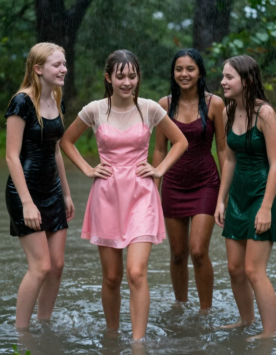 photo of young woman, in soaking wet, drenched clothes,
, , dress, 4.college girls playing in a flooded forest in the heavy rain , 
enjoying, wet clothes stuck to body,
detailed textures of the wet clothes, wet face, wet plastered hair,
wet, drenched, professional, high-quality details, full body view.
sharp focus, ultra-high pixel detail, realistic, high-quality, full colors, incredibly detailed, 4k, 8k, 16k, hyper-realistic, RAW photo, masterpiece, ultra-detailed, professionally color graded, professional photograph, Small young college girls both having fun together. All a similar age, a small nineteen year old girl, with a flat and slim body, skinny body, flat and skinny chest, a She has a wide square young face but a small very skinny waist and skinny legs, a very small chest and very small breasts, she is a pale brunette with ponytail and bangs. She has a small body, She is full of youthful energy. wearing a sheer sparkly cream see through t-shirt underneath a bright pink formal satin cocktail dress with a covered neckline. she has her hands on her hips,. Her friend has blonde hair and is quite skinny, ,a wide square face, she is wearing a fit black short sleeve coctail dress. The third girl is 19, with a tan complexion and dark black hair, she is wearing a maroon mini dress, The 4th girl is brunette with a small body and thin legs, she is wearing a green prom dress, all of them except the blonde girl have very small breasts. wet skin, wet clothes, damp fabric,, wet skin, wet clothes, damp fabric, wet skin, wet clothes, damp fabric, wet skin, wet clothes, damp fabric