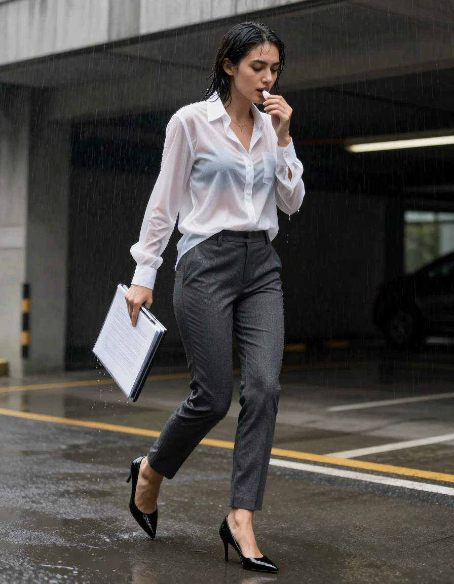 photo of young woman, in soaking wet, drenched clothes,
black pointed-toe kitten heel pumps, dripping with rainwater, fitted charcoal wool trousers, soaked and clinging to skin, crisp white silk button-down shirt, translucent from heavy rain, soaked fabric texture, concrete parking garage entrance during a rainstorm, 
enjoying, wet clothes stuck to body,
detailed textures of the wet clothes, wet face, wet plastered hair,
wet, drenched, professional, high-quality details, full body view.
sharp focus, ultra-high pixel detail, realistic, high-quality, full colors, incredibly detailed, 4k, 8k, 16k, hyper-realistic, RAW photo, masterpiece, ultra-detailed, professionally color graded, professional photograph, a woman in a rush shielding her laptop bag with a document folder, water droplets clinging to her skin and clothes, clean daylight realism, wide-angle cinematic shot, high-definition textures, sharp focus, natural saturation, wet skin, wet clothes, damp fabric