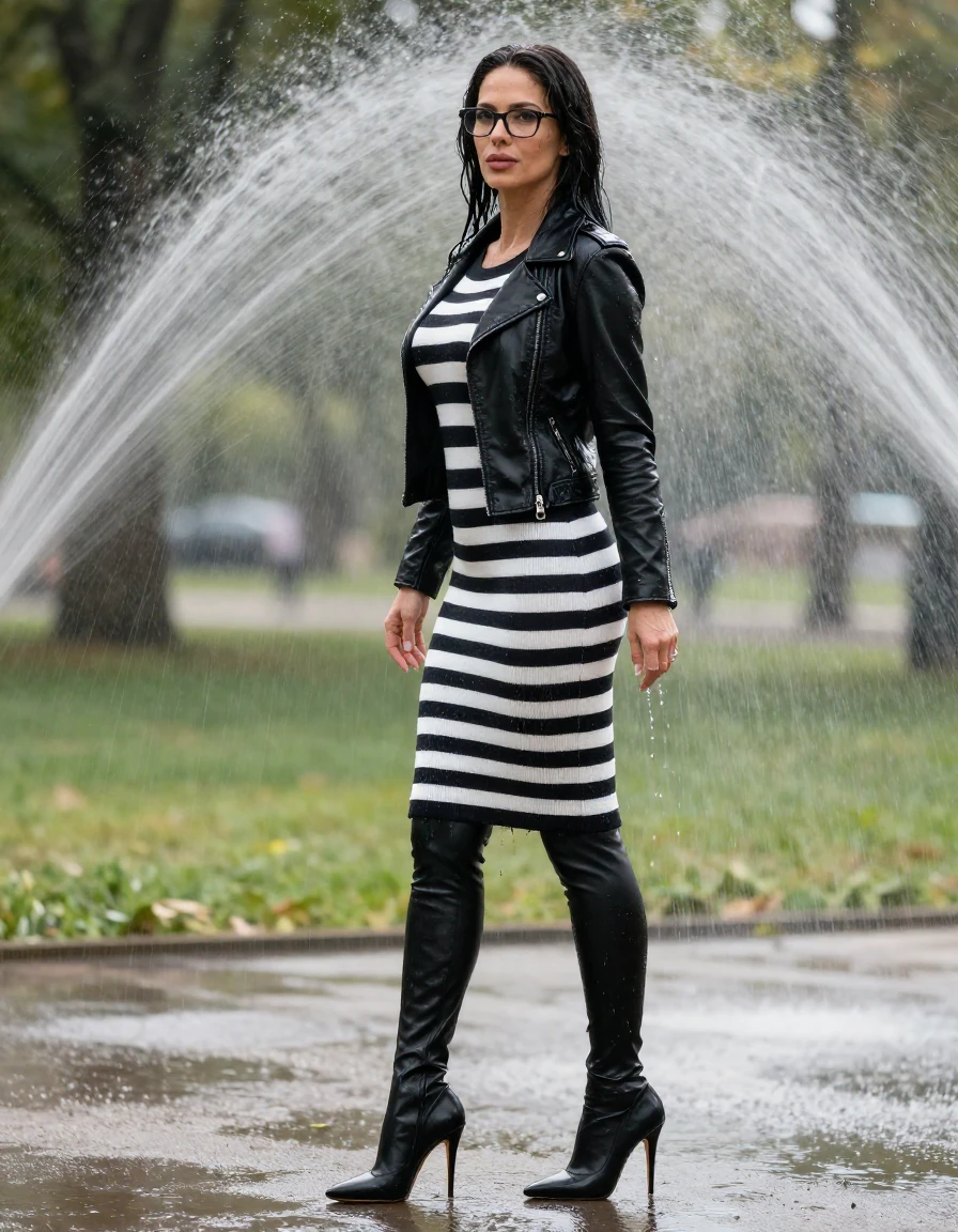 photo of young woman, in soaking wet, drenched clothes,
stilletto butts, long black leather leggins, midi black & white striped sweater dress with short sleeves, black byker leather jacket, in sunny park under sprinklers, 
enjoying, wet clothes stuck to body,
detailed textures of the wet clothes, wet face, wet plastered hair,
wet, drenched, professional, high-quality details, full body view.
sharp focus, ultra-high pixel detail, realistic, high-quality, full colors, incredibly detailed, 4k, 8k, 16k, hyper-realistic, RAW photo, masterpiece, ultra-detailed, professionally color graded, professional photograph, europen brunette skinny woman 40 years old, long dark black hair, very big and thick lips, office glasses, complete body, wet skin, wet clothes, damp fabric, wet skin, wet clothes, damp fabric, wet skin, wet clothes, damp fabric, wet skin, wet clothes, damp fabric, wet skin, wet clothes, damp fabric