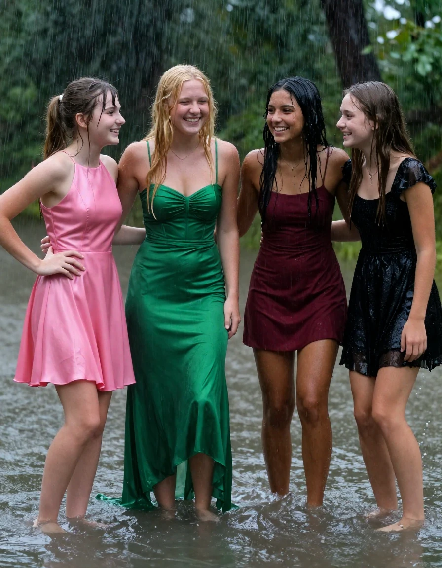photo of young woman, in soaking wet, drenched clothes,
, , dress, 4.college girls playing in a flooded forest in the heavy rain , 
enjoying, wet clothes stuck to body,
detailed textures of the wet clothes, wet face, wet plastered hair,
wet, drenched, professional, high-quality details, full body view.
sharp focus, ultra-high pixel detail, realistic, high-quality, full colors, incredibly detailed, 4k, 8k, 16k, hyper-realistic, RAW photo, masterpiece, ultra-detailed, professionally color graded, professional photograph, Small young college girls both having fun together. All a similar age, a small nineteen year old girl, with a flat and slim body, skinny body, flat and skinny chest, a She has a wide square young face but a small very skinny waist and skinny legs, a very small chest and very small breasts, she is a pale brunette with ponytail and bangs. She has a small body, She is full of youthful energy. wearing a bright pink formal satin cocktail dress with a highish neckline. she has her hands on her hips,. Her friend has blonde hair and large size DD breasts,a wide square face, she is wearing a green satin strapless prom dress. The third girl is 19, with a tan complexion and dark black hair, she is wearing a maroon mini dress, The 4th girl is brunette with a small body and thin legs, she is wearing a black cocktail dress with short sleeve, all of them except the blonde girl have very small breasts. wet skin, wet clothes, damp fabric,, wet skin, wet clothes, damp fabric, wet skin, wet clothes, damp fabric, wet skin, wet clothes, damp fabric