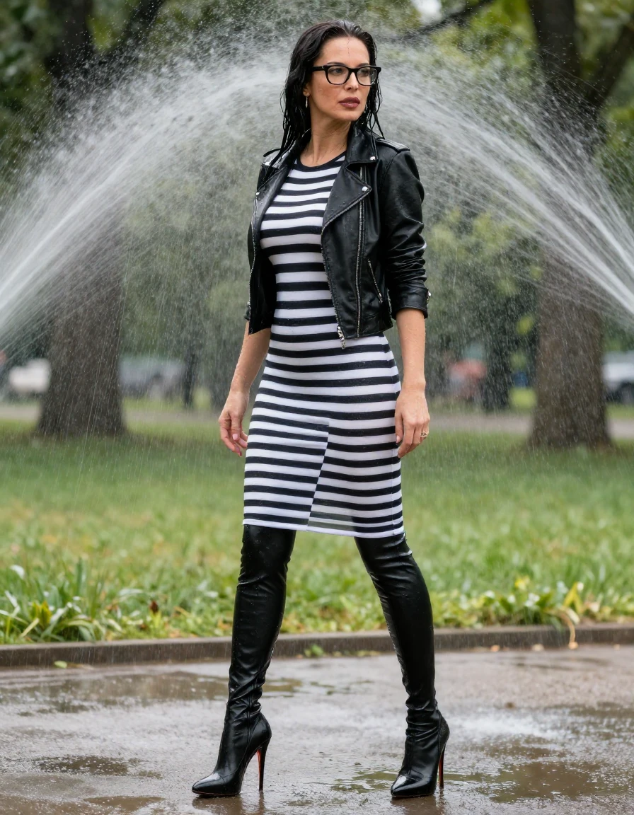 photo of young woman, in soaking wet, drenched clothes,
stilletto butts, long black leather leggins, midi black & white striped sweather dress with short sleeves, black byker leather jacket, in sunny park under sprinklers, 
enjoying, wet clothes stuck to body,
detailed textures of the wet clothes, wet face, wet plastered hair,
wet, drenched, professional, high-quality details, full body view.
sharp focus, ultra-high pixel detail, realistic, high-quality, full colors, incredibly detailed, 4k, 8k, 16k, hyper-realistic, RAW photo, masterpiece, ultra-detailed, professionally color graded, professional photograph, europen brunette skinny woman 40 years old, long dark black hair, very big and thick lips, office glasses, complete body, wet skin, wet clothes, damp fabric, wet skin, wet clothes, damp fabric, wet skin, wet clothes, damp fabric, wet skin, wet clothes, damp fabric, wet skin, wet clothes, damp fabric