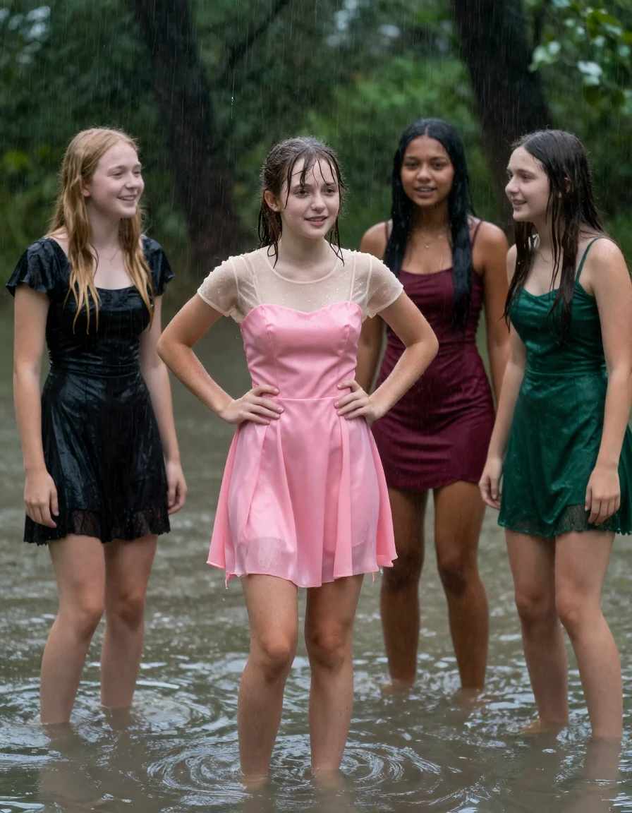 photo of young woman, in soaking wet, drenched clothes,
, , dress, 4.college girls playing in a flooded forest in the heavy rain , 
enjoying, wet clothes stuck to body,
detailed textures of the wet clothes, wet face, wet plastered hair,
wet, drenched, professional, high-quality details, full body view.
sharp focus, ultra-high pixel detail, realistic, high-quality, full colors, incredibly detailed, 4k, 8k, 16k, hyper-realistic, RAW photo, masterpiece, ultra-detailed, professionally color graded, professional photograph, Small young college girls both having fun together. All a similar age, a small nineteen year old girl, with a flat and slim body, skinny body, flat and skinny chest, a She has a wide square young face but a small very skinny waist and skinny legs, a very small chest and very small breasts, she is a pale brunette with ponytail and bangs. She has a small body, She is full of youthful energy. wearing a sheer sparkly cream see through t-shirt underneath a bright pink formal satin cocktail dress with a covered neckline. she has her hands on her hips,. Her friend has blonde hair and is quite skinny, ,a wide square face, she is wearing a fit black short sleeve coctail dress. The third girl is 19, with a tan complexion and dark black hair, she is wearing a maroon mini dress, The 4th girl is brunette with a small body and thin legs, she is wearing a green prom dress, all of them except the blonde girl have very small breasts. wet skin, wet clothes, damp fabric,, wet skin, wet clothes, damp fabric, wet skin, wet clothes, damp fabric, wet skin, wet clothes, damp fabric