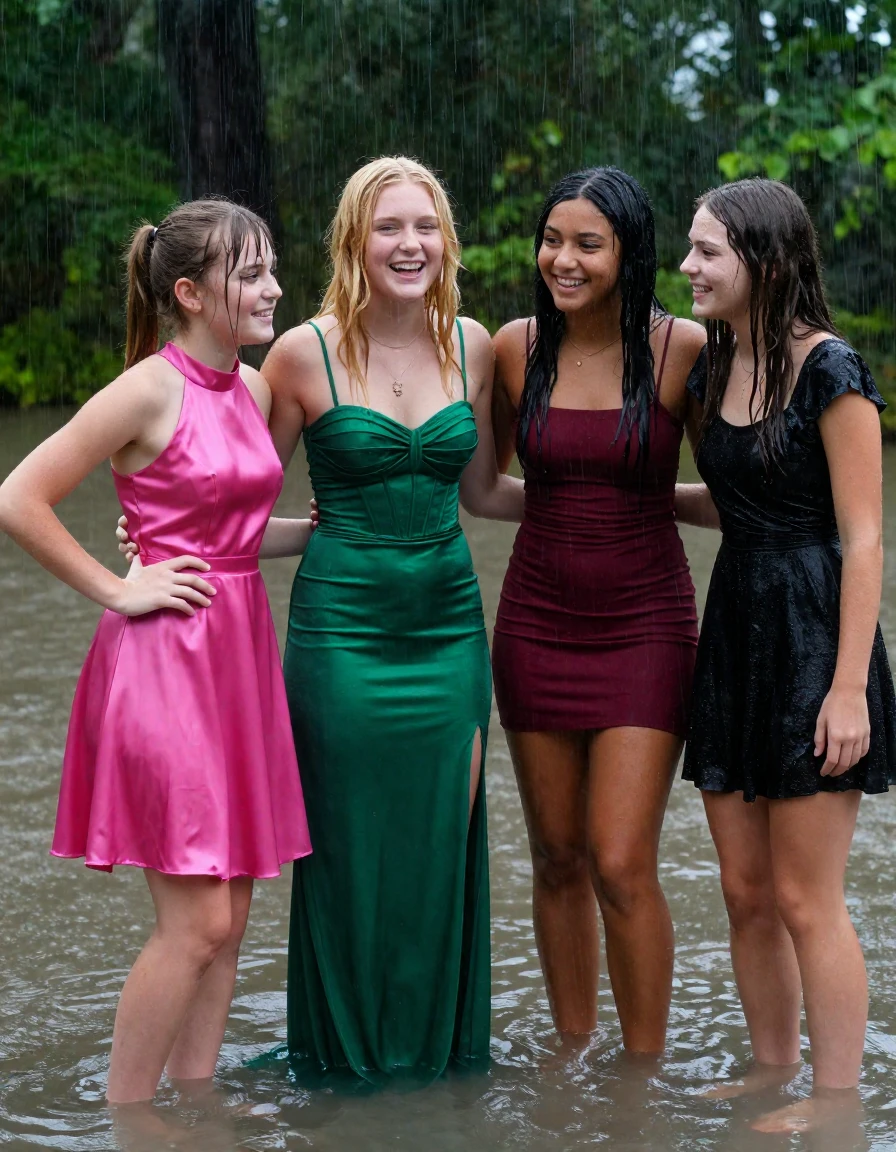 photo of young woman, in soaking wet, drenched clothes,
, , dress, 4.college girls playing in a flooded forest in the heavy rain , 
enjoying, wet clothes stuck to body,
detailed textures of the wet clothes, wet face, wet plastered hair,
wet, drenched, professional, high-quality details, full body view.
sharp focus, ultra-high pixel detail, realistic, high-quality, full colors, incredibly detailed, 4k, 8k, 16k, hyper-realistic, RAW photo, masterpiece, ultra-detailed, professionally color graded, professional photograph, Small young college girls both having fun together. All a similar age, a small nineteen year old girl, with a flat and slim body, skinny body, flat and skinny chest, a She has a wide square young face but a small very skinny waist and skinny legs, a very small chest and very small breasts, she is a pale brunette with ponytail and bangs. She has a small body, She is full of youthful energy. wearing a bright pink formal satin cocktail dress with a highish neckline. she has her hands on her hips,. Her friend has blonde hair and large size DD breasts,a wide square face, she is wearing a green satin strapless prom dress. The third girl is 19, with a tan complexion and dark black hair, she is wearing a maroon mini dress, The 4th girl is brunette with a small body and thin legs, she is wearing a black cocktail dress with short sleeve, all of them except the blonde girl have very small breasts. wet skin, wet clothes, damp fabric,, wet skin, wet clothes, damp fabric, wet skin, wet clothes, damp fabric, wet skin, wet clothes, damp fabric