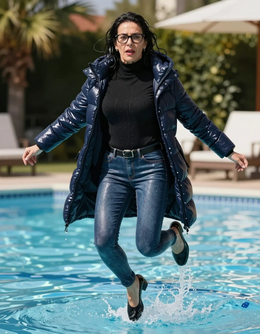 photo of young woman, in soaking wet, drenched clothes,
shoes, tight blue leather jeans, with belt, long black high-neck sweater dress with long sleeves, maxi dark blue down jacket, jumping in sunny swimming pool, 
enjoying, wet clothes stuck to body,
detailed textures of the wet clothes, wet face, wet plastered hair,
wet, drenched, professional, high-quality details, full body view.
sharp focus, ultra-high pixel detail, realistic, high-quality, full colors, incredibly detailed, 4k, 8k, 16k, hyper-realistic, RAW photo, masterpiece, ultra-detailed, professionally color graded, professional photograph, europen brunette skinny woman 50 years old, long dark black hair, very big and thick lips,  office glasses, complete body, wet skin, wet clothes, damp fabric, wet skin, wet clothes, damp fabric, wet skin, wet clothes, damp fabric, wet skin, wet clothes, damp fabric, wet skin, wet clothes, damp fabric