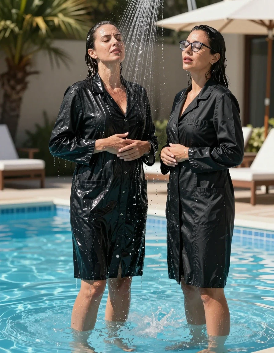 photo of young woman, in soaking wet, drenched clothes,
shoes, maxi flared black labcoat with long sleeves, maxi flared black labcoat with long sleeves, taking shower in water in sunny swimming pool, 
enjoying, wet clothes stuck to body,
detailed textures of the wet clothes, wet face, wet plastered hair,
wet, drenched, professional, high-quality details, full body view.
sharp focus, ultra-high pixel detail, realistic, high-quality, full colors, incredibly detailed, 4k, 8k, 16k, hyper-realistic, RAW photo, masterpiece, ultra-detailed, professionally color graded, professional photograph, two europen brunette skinny women 50 years old, long dark black hair, very big and thick lips,  office glasses, complete body, wet skin, wet clothes, damp fabric, wet skin, wet clothes, damp fabric, wet skin, wet clothes, damp fabric, wet skin, wet clothes, damp fabric, wet skin, wet clothes, damp fabric
