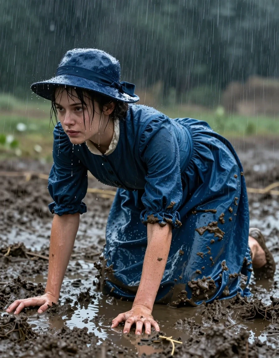A photorealistic full-body shot of a young adult European woman crawling through thick, dark mud in open fields during a heavy rainstorm. She is wearing a long, Edwardian-style blue dress that is completely soaked and heavy with water, clinging to her body with deep, saturated fabric folds and dark, uneven patches. The fabric of the dress exhibits a strong, wet sheen and texture as it absorbs the mud and rainwater. She is barefoot, with her feet caked in mud, and she wears a matching Edwardian hat that is dripping with rainwater. Her hair and skin are drenched, with rivulets of water running down her face and limbs. The environment is dark and stormy, with heavy rain streaks visible in the air, creating a moody, high-contrast atmosphere. Hyper-detailed textures on the mud and fabric, cinematic lighting reflecting off the wet surfaces, 8k resolution, highly detailed skin texture, realistic water physics.