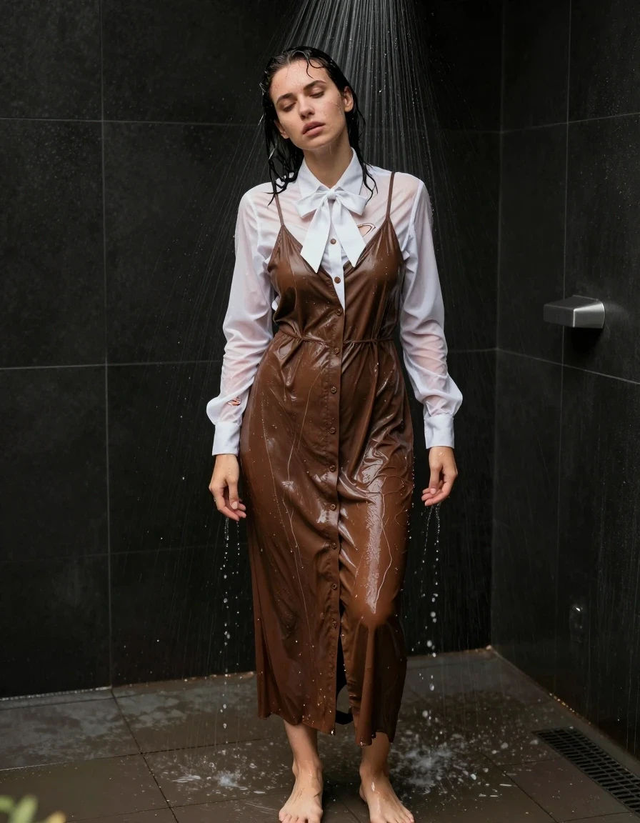 photo of young woman, in soaking wet, drenched clothes,
barefeet, brown buttoned down maxi dress, white shirt bowtie, brown buttoned down maxi dress, white shirt bowtie, shower, 
enjoying, wet clothes stuck to body,
detailed textures of the wet clothes, wet face, wet plastered hair,
wet, drenched, professional, high-quality details, full body view.
sharp focus, ultra-high pixel detail, realistic, high-quality, full colors, incredibly detailed, 4k, 8k, 16k, hyper-realistic, RAW photo, masterpiece, ultra-detailed, professionally color graded, professional photograph, showering the mud off off her clothes, completely exhausted, shirt is torn, wet skin, wet clothes, damp fabric, wet skin, wet clothes, damp fabric
