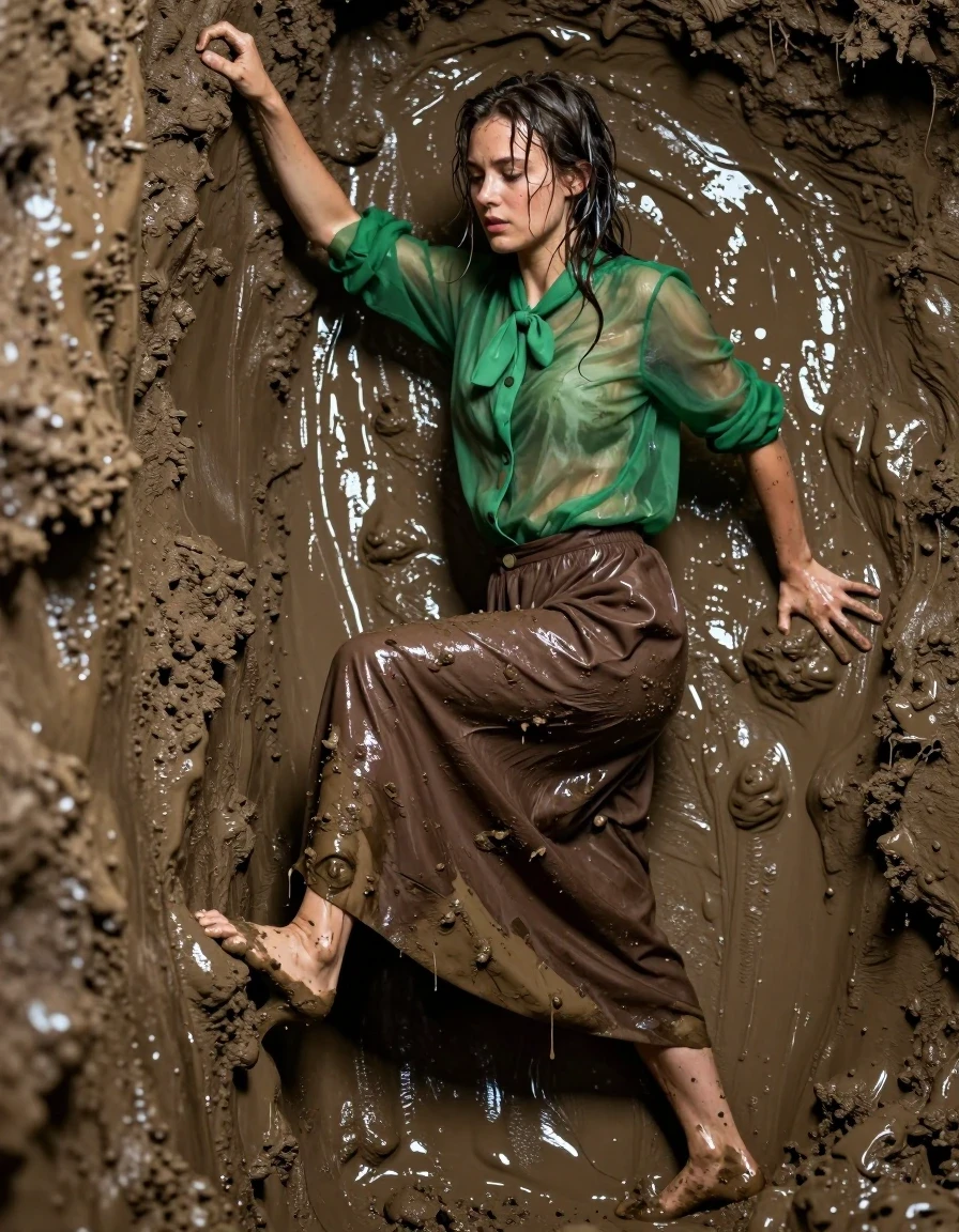 A photorealistic full-body shot of a young adult European woman with wet, mud-streaked skin and damp, matted hair, climbing a slick, vertical muddy wall inside a deep pit of thick, viscous mud. She is wearing an oversized sheer green long-sleeved buttoned-down blouse with a bowtie, and a brown buttoned-down maxi skirt. The fabric of the blouse is completely soaked, clinging to her skin and becoming translucent, while the brown maxi skirt is heavy with mud and water, showing deep, saturated folds and uneven dark patches where it has absorbed the liquid. Her bare feet are caked in thick mud and are actively gripping the uneven, slippery surface of the wall. The scene is hyper-realistic with high-contrast lighting highlighting the wet sheen on her skin and the glossy, reflective texture of the mud-covered environment. The camera angle is low, looking up to emphasize the struggle of the climb, capturing the visceral textures of wet fabric, thick mud, and the glistening, drenched appearance of the subject.