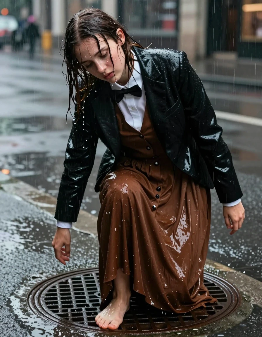 A photorealistic medium shot of a young adult European woman with a nerdy look, appearing completely exhausted as she climbs out of a metal manhole cover onto a city street during a torrential rainstorm. She is wearing a brown buttoned-down maxi dress layered under a sharp black tuxedo jacket, with a white shirt and a bowtie visible at the collar. Her bare feet are visible as she navigates the wet pavement. Everything is drenched: her skin is slick with rain, her hair is plastered to her face, and her clothes are heavy with water. The brown fabric of the maxi dress is soaked through, appearing in deep, darkened earth tones with heavy, clinging folds and visible water-saturated texture. The black tuxedo jacket is slick and glossy with rain, featuring strong specular highlights on the shoulders and lapels. The environment is dark and moody, with rain-slicked asphalt reflecting the city lights. High-contrast cinematic lighting, sharp focus on the subject's weary expression, water droplets streaming down her face, hyper-realistic wet textures, 8k resolution, captured on 35mm lens.