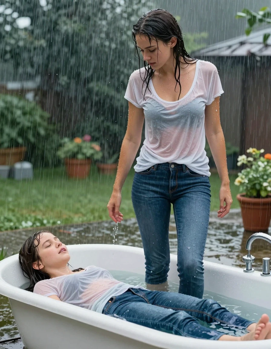 photo of young woman, in soaking wet, drenched clothes,
flats, long Jeans, Low-neck T-shirt, girl walking iMother is lying stretched out in the bathtub. Daughter is standing next to the tub, watching her.n very heavy rain, 
enjoying, wet clothes stuck to body,
detailed textures of the wet clothes, wet face, wet plastered hair,
wet, drenched, professional, high-quality details, full body view.
sharp focus, ultra-high pixel detail, realistic, high-quality, full colors, incredibly detailed, 4k, 8k, 16k, hyper-realistic, RAW photo, masterpiece, ultra-detailed, professionally color graded, professional photograph, wet skin, wet clothes, damp fabric