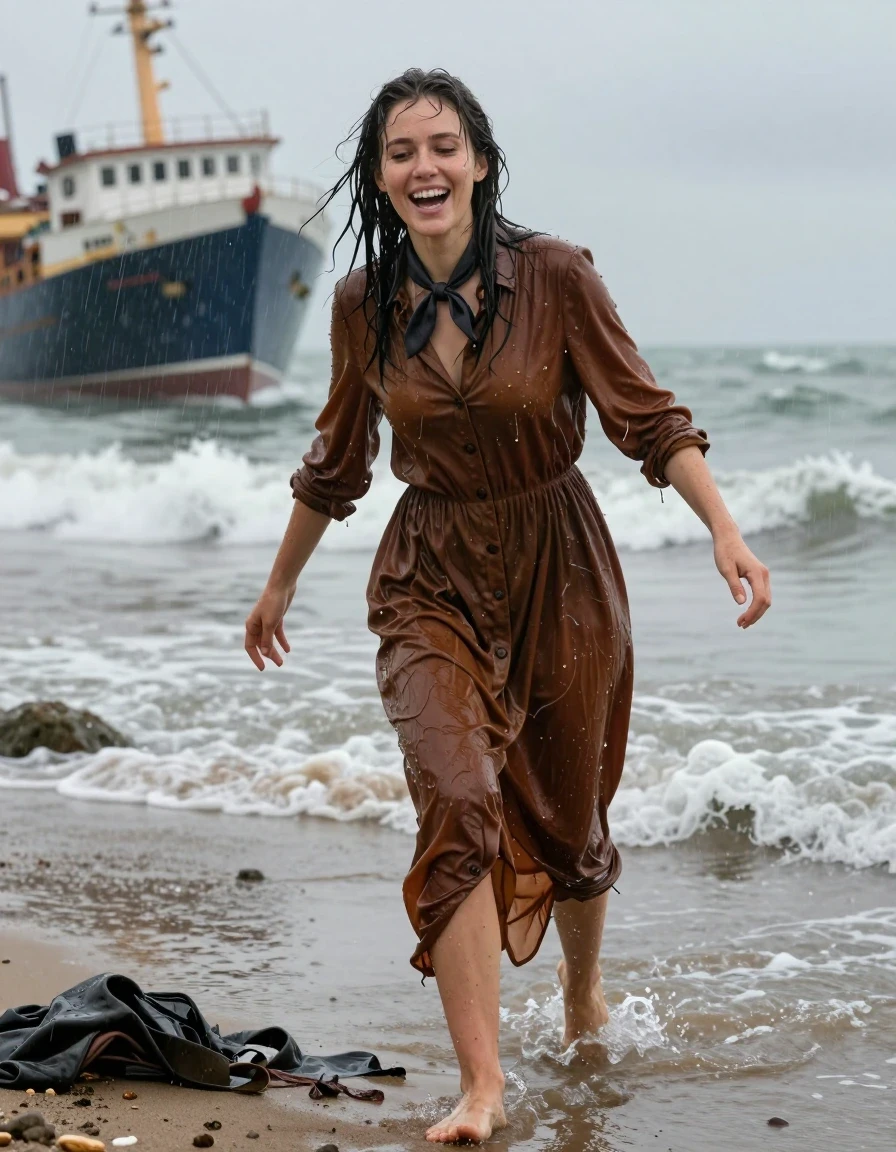 photo of young woman, in soaking wet, drenched clothes,
barefeet, brown buttoned down maxi dress, bowtie, brown buttoned down maxi dress, bowtie, north sea beach, torential rain, 
enjoying, wet clothes stuck to body,
detailed textures of the wet clothes, wet face, wet plastered hair,
wet, drenched, professional, high-quality details, full body view.
sharp focus, ultra-high pixel detail, realistic, high-quality, full colors, incredibly detailed, 4k, 8k, 16k, hyper-realistic, RAW photo, masterpiece, ultra-detailed, professionally color graded, professional photograph, nerdy look. climbing out to the shore after getting shipwrecked completely exhausted, clothes are destroyed, overjoyed, wet skin, wet clothes, damp fabric