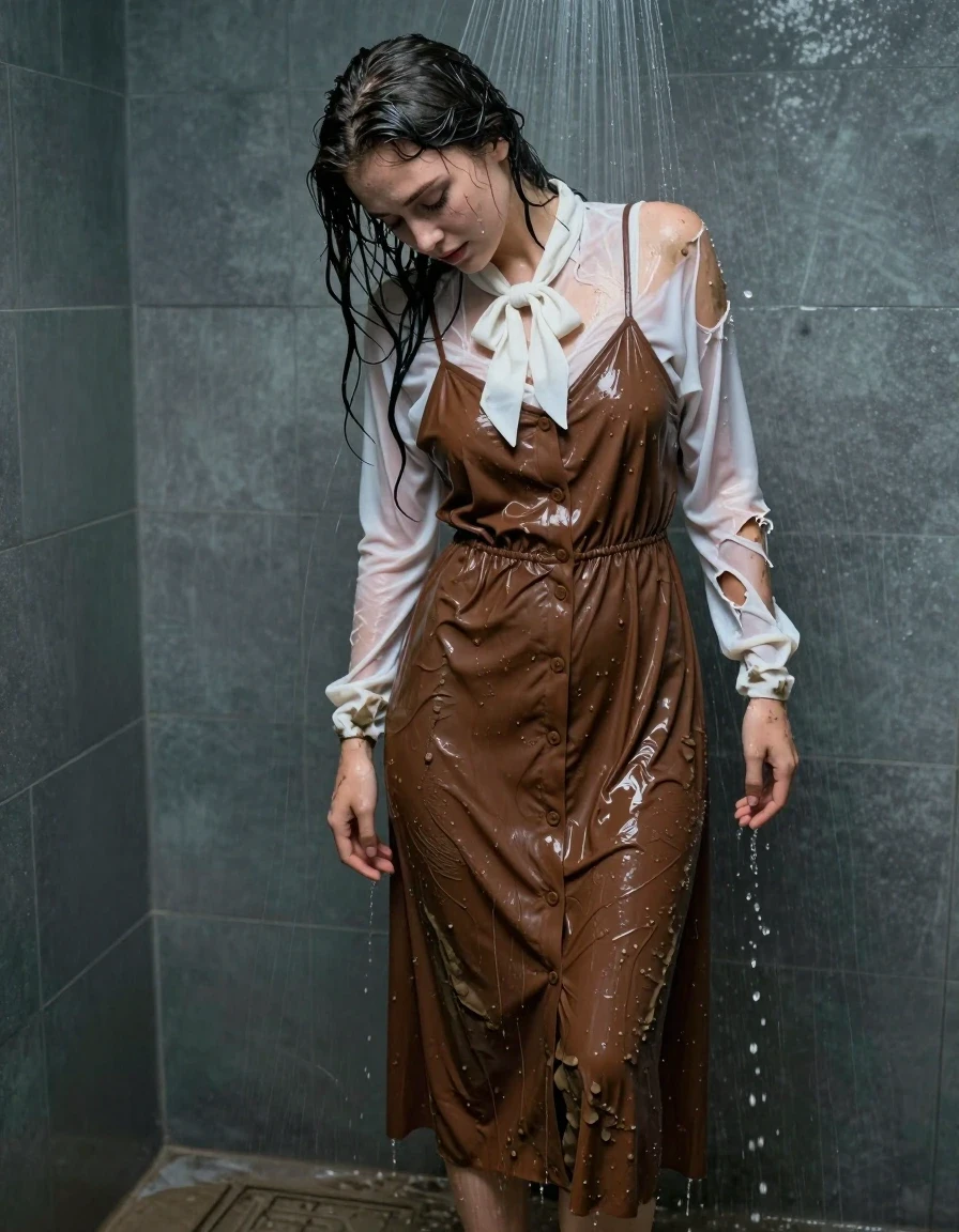 A photorealistic medium shot of a young adult European woman standing in a shower, completely exhausted with her head bowed and shoulders slumped. She is wearing a brown buttoned-down maxi dress over a white shirt with a bowtie, both garments thoroughly drenched and clinging to her body. The clothing is heavily soaked, showing deep color saturation, heavy wet folds, and translucent patches where the fabric adheres to her skin. The white shirt is visibly torn at the shoulder and chest, revealing wet skin underneath. Muddy water cascades down her figure, washing away thick streaks of mud from her clothes and hair. Her bare feet are visible on the wet, tiled shower floor. The lighting is dramatic and cool-toned, emphasizing the glossy water sheen on her skin, the matted texture of her hair, and the dark, heavy weight of the saturated fabric. High-resolution photographic detail, realistic water droplets and streams, sharp focus on the textures of the wet cloth and skin, cinematic atmosphere.