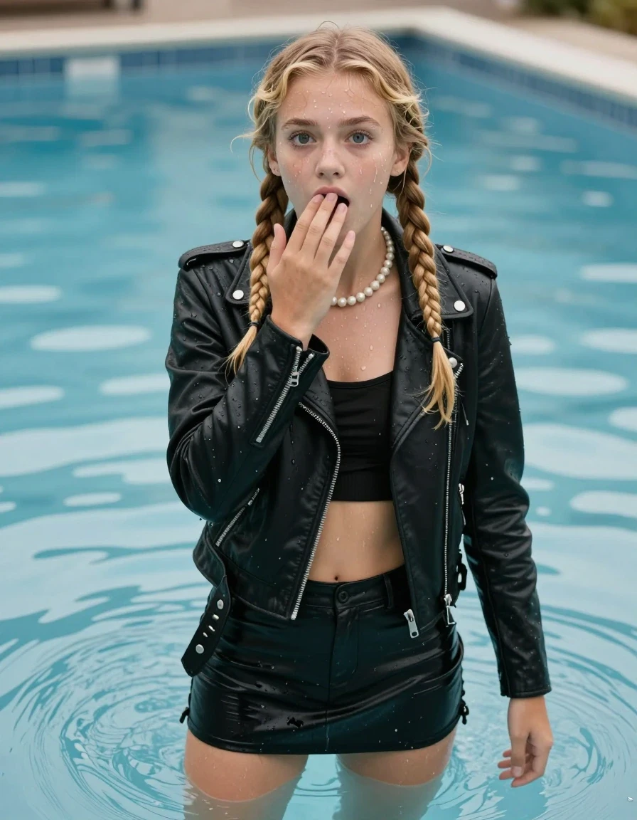 photo of young woman, in soaking wet, drenched clothes,
Black boots, Short black mini skirt, Black biker leatherjacket, crop top, Pearl necklace, in pool, 
enjoying, wet clothes stuck to body,
detailed textures of the wet clothes, wet face, wet plastered hair,
wet, drenched, professional, high-quality details, full body view.
sharp focus, ultra-high pixel detail, realistic, high-quality, full colors, incredibly detailed, 4k, 8k, 16k, hyper-realistic, RAW photo, masterpiece, ultra-detailed, professionally color graded, professional photograph, 15-years-old blonde teenage girl, two wet long braids, wet skin, hold her hand on her mouth, afraid and astonished, open mouth, big eyes, looking up at camera, wet clothes, damp fabric, wet skin, wet clothes, damp fabric