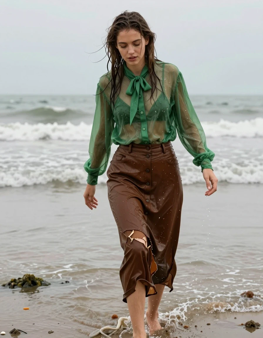 photo of young woman, in soaking wet, drenched clothes,
barefeet, oversized sheer green long-sleeved buttoned down blouse, bowtie, brown buttoned down maxi skirt, north sea beach, 
enjoying, wet clothes stuck to body,
detailed textures of the wet clothes, wet face, wet plastered hair,
wet, drenched, professional, high-quality details, full body view.
sharp focus, ultra-high pixel detail, realistic, high-quality, full colors, incredibly detailed, 4k, 8k, 16k, hyper-realistic, RAW photo, masterpiece, ultra-detailed, professionally color graded, professional photograph, climbing out to the shore after getting shipwrecked completely exhausted, clothes are destroyed, wet skin, wet clothes, damp fabric