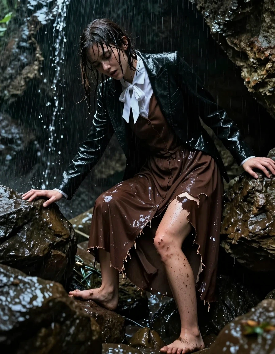 A photorealistic, highly detailed shot of a young adult European woman with a nerdy look, appearing completely exhausted while climbing out of a dark, rugged cave. She is wearing a brown buttoned-down maxi dress that is shredded and torn, layered under a white shirt with a bowtie and a black tuxedo jacket that is hanging in tatters. Her bare feet are muddy and scraped as she scrambles over wet rocks. The entire scene is set under torrential rain, rendering her skin, hair, and clothing soaking-wet. The fabric of the dress and jacket is water-saturated, clinging heavily to her body, with colors darkened to deep, rich tones, heavy wet folds, and strong glossy specular reflections on the soaked surfaces. Her expression is one of utter fatigue, with wet hair matted to her face. The environment is a dark, cavernous opening with water cascading down the rock walls, dramatic moody lighting, cinematic composition, hyper-realistic textures, 8k resolution, captured with a sharp focus on the interplay between the rain-slicked skin and the destroyed, heavy, water-logged garments.