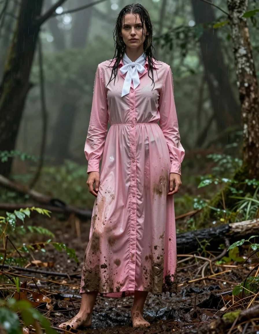A photorealistic full-body shot of a young adult European woman camping in a dense, misty forest. She is wearing a soaked, heavy pink buttoned-down maxi dress layered over a white shirt with a bowtie and a tuxedo jacket, all visibly saturated with rainwater and mud. The fabric is clinging to her frame, with deep, darkened patches, heavy folds, and a glossy water sheen indicating thorough soaking. Her bare feet are visible, caked in wet forest mud, and her skin and hair are damp with clinging droplets. The setting is a wild camping site with damp foliage and earth. The lighting is soft and overcast, emphasizing the texture of the wet textiles and the muddy environment. High-detail photography, 8k, realistic wet-look textures, sharp focus, natural atmosphere.