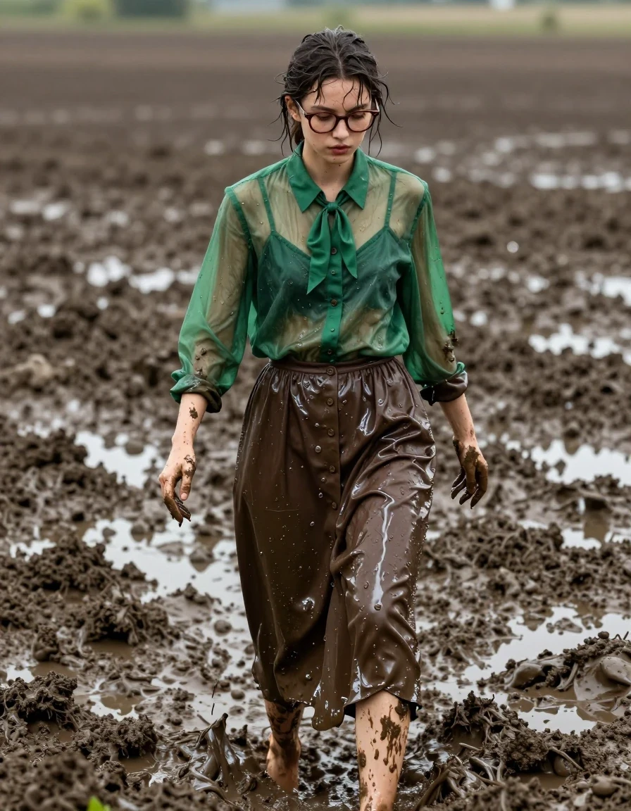 A photorealistic medium-full shot of a young adult European woman with a nerdy aesthetic, glasses perched on her nose, fully immersed and swimming through thick, viscous muddy fields. She is wearing an oversized sheer green long-sleeved buttoned-down blouse with a bowtie, and a long brown buttoned-down maxi skirt. Both garments are heavily soaked, clinging to her skin with deep, dark saturated tones, heavy wet folds, and a slick, muddy sheen. Her skin and hair are matted and coated in thick, wet mud, with visible water droplets and glossy streaks. She is barefoot, with mud caked between her toes and coating her legs. The setting is a vast, overcast muddy field with splattered textures and realistic wet earth. Cinematic lighting highlights the wet textures and the glossy, reflective quality of the mud-drenched fabric, sharp focus on the subject's intense expression, high-resolution photography, 8k, realistic material physics, natural lighting, detailed skin pores.
