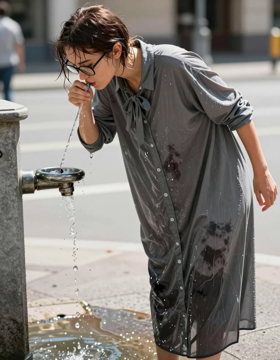 A photorealistic medium shot of a young adult European woman with a nerdy aesthetic, wearing thick-rimmed glasses, leaning over to drink from a public fountain on a scorching hot summer day. She is dressed in an oversized, long-sleeved grey button-down maxi dress with a bowtie at the collar. The fabric is visibly soaked and heavy with sweat and fountain water, clinging to her skin with deep, darkened saturated patches, pronounced folds, and a wet sheen. Her skin is glistening with perspiration, and her hair is damp and slightly disheveled. She is wearing simple sandals. The lighting is harsh and bright, emphasizing the high-contrast wetness of the fabric and the sheen on her skin. The background shows a sun-drenched fountain area with high-key sunlight, sharp focus, 8k resolution, cinematic composition, and realistic textures of moisture and heat.