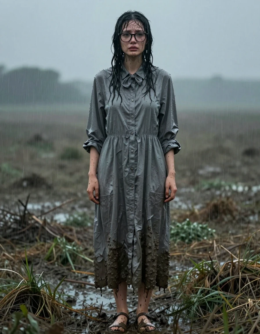 A photorealistic portrait of a young adult European woman with a nerdy aesthetic, wearing thick-rimmed glasses, standing in a vast, desolate rainy field. She is wearing an oversized grey buttoned-down maxi dress with a bowtie, now completely soaked and heavy from the downpour, the fabric clinging to her frame with deep, water-saturated folds and darkened texture. She is caked in thick, wet mud splattered across her face, arms, and the hem of her dress. Her hair is plastered to her face, glistening with rainwater, and she is visibly crying, with tears mixing with the rain on her cheeks. She wears simple sandals, with her feet covered in wet mud and grass clippings. The atmosphere is gloomy and overcast, with water sheen visible on her skin and the high-contrast lighting highlighting the texture of the wet, heavy fabric. Hyper-realistic, 8k resolution, cinematic lighting, damp environment, mud-streaked skin, wet-look photography.