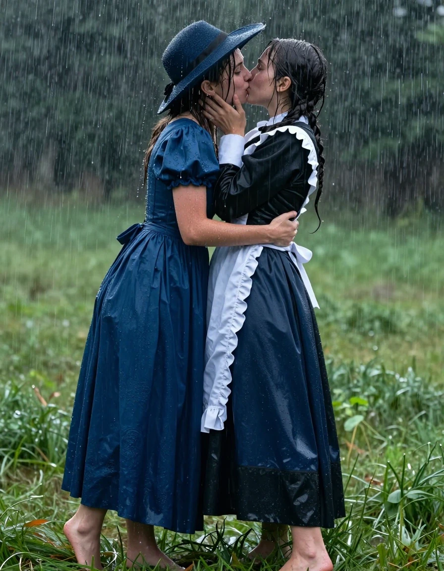 A photorealistic, cinematic medium shot of a young adult European woman in a long blue Edwardian dress and a wide-brimmed hat, barefoot in a lush field during a torrential downpour. She is passionately kissing another woman who is dressed in a traditional black and white Edwardian maid uniform. Both women are thoroughly drenched by the heavy rain; their skin is glistening with water, and their hair is plastered to their faces and necks. The blue Edwardian dress is soaking-wet, heavy with absorbed water, clinging to the woman's frame, and rendered in deep, saturated shades of navy and cobalt with visible fabric texture, deep folds, and glossy specular highlights on the wet surfaces. The maid uniform is similarly saturated, with dark, heavy fabric clinging to the skin. The atmosphere is thick with rain, with water droplets visible in the air, creating a moody, high-contrast environment. The lighting is soft and diffused by the overcast sky, emphasizing the wet sheen on their skin and clothing. Sharp focus on the subjects, highly detailed textures, realistic water physics, cinematic composition.