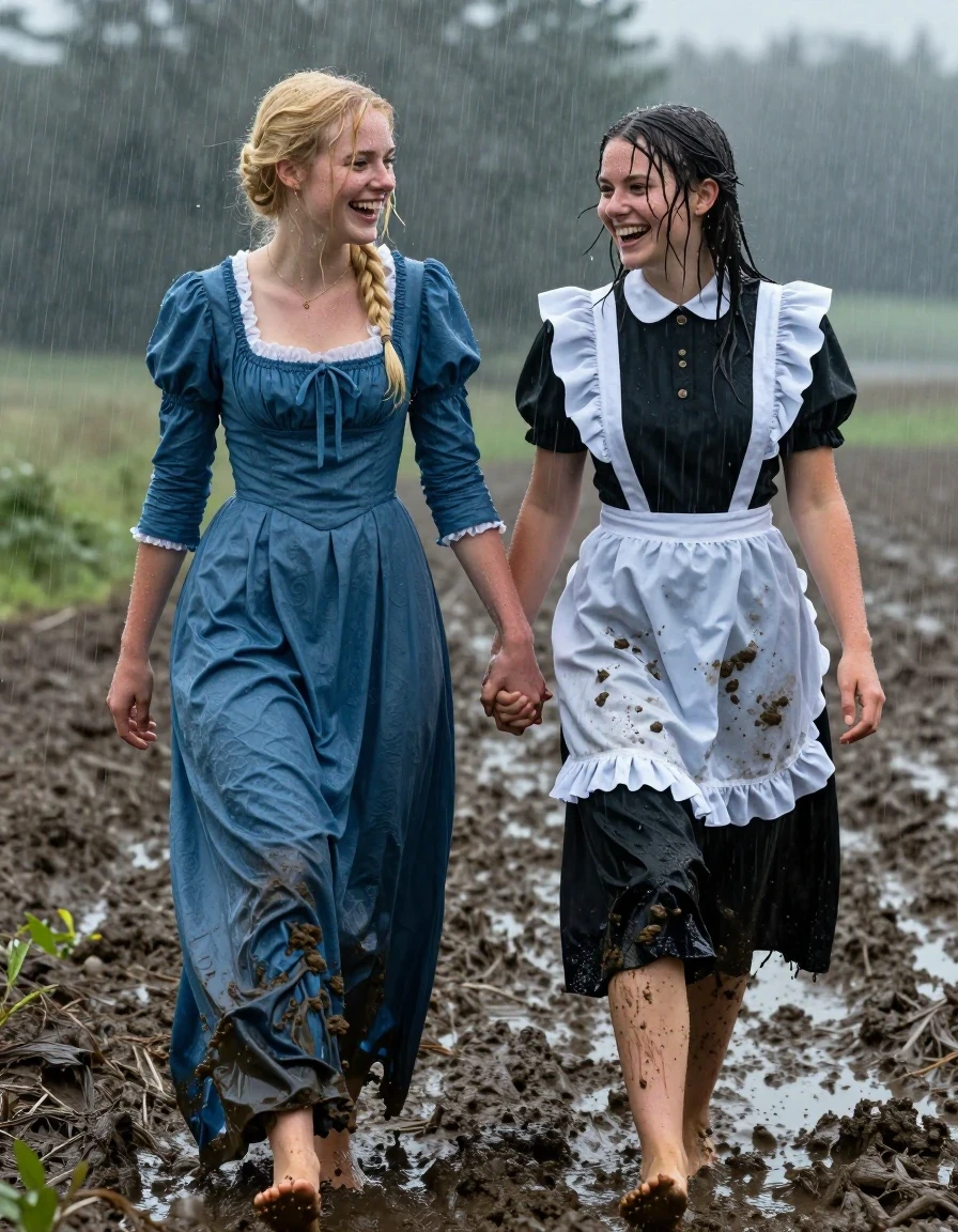 A photorealistic cinematic shot of a young blonde European woman and a young brunette European woman walking hand-in-hand through muddy fields during a heavy downpour. The blonde woman is wearing an aristocratic long-sleeved maxi blue Edwardian dress, while the brunette woman wears a traditional Edwardian maid uniform. Both women are laughing, their hair and skin drenched with rain, water droplets clinging to their faces. The dresses are soaking-wet, with fabrics darkened by heavy saturation, clinging to their bodies, and showing heavy wet folds and a distinct water sheen. They are barefoot in the deep, thick mud, with mud splattered on their legs and the hems of their dresses. The environment is a gloomy, storm-swept field with visible rain streaks, atmospheric mist, and wet, dark soil. High-contrast lighting, professional photography, sharp focus on expressions, 8k, hyper-detailed textures, realistic water physics.