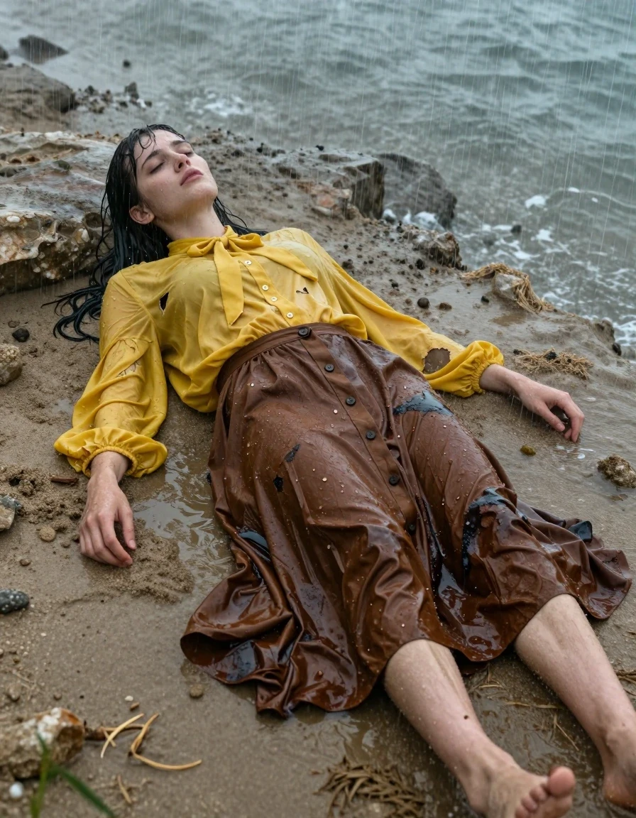 A photorealistic medium shot of an exhausted young adult European woman lying unconscious on the sandy shore of a Mediterranean sea beach during a torrential rainstorm. Her skin is glistening with rainwater, pale and damp, with droplets clinging to her face and limbs. She is wearing an oversized yellow-green long-sleeved buttoned-down blouse with a bowtie, and a brown buttoned-down maxi skirt. The fabric of the blouse and skirt is thoroughly soaked, clinging to her body, heavy with water, showing deep saturated tones, dark wet patches, and heavy folds. Her bare feet are pressed into the wet sand. The atmosphere is gloomy and cinematic, with heavy rain pouring down, creating a misty, turbulent environment. The lighting is cold and naturalistic, highlighting the intense sheen on her wet skin and the clinging, water-saturated texture of her destroyed, tattered clothing. High-resolution, 8k, highly detailed textures, dramatic realistic rain effects, hyper-realistic wet surface rendering.