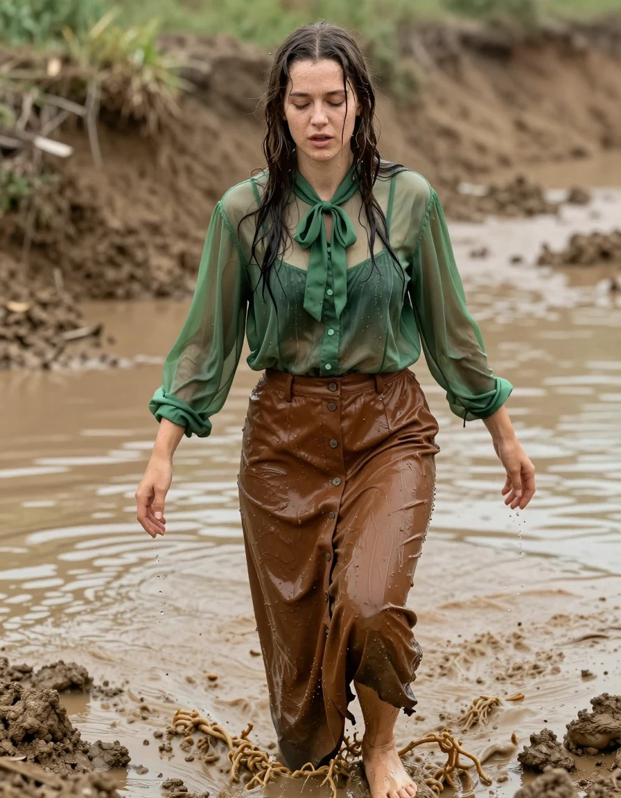 photo of young woman, in soaking wet, drenched clothes,
barefeet, oversized sheer green long-sleeved buttoned down blouse, bowtie, brown buttoned down maxi skirt, mudslide, 
enjoying, wet clothes stuck to body,
detailed textures of the wet clothes, wet face, wet plastered hair,
wet, drenched, professional, high-quality details, full body view.
sharp focus, ultra-high pixel detail, realistic, high-quality, full colors, incredibly detailed, 4k, 8k, 16k, hyper-realistic, RAW photo, masterpiece, ultra-detailed, professionally color graded, professional photograph, swimming in mud, nerdy look, wet skin, wet clothes, damp fabric