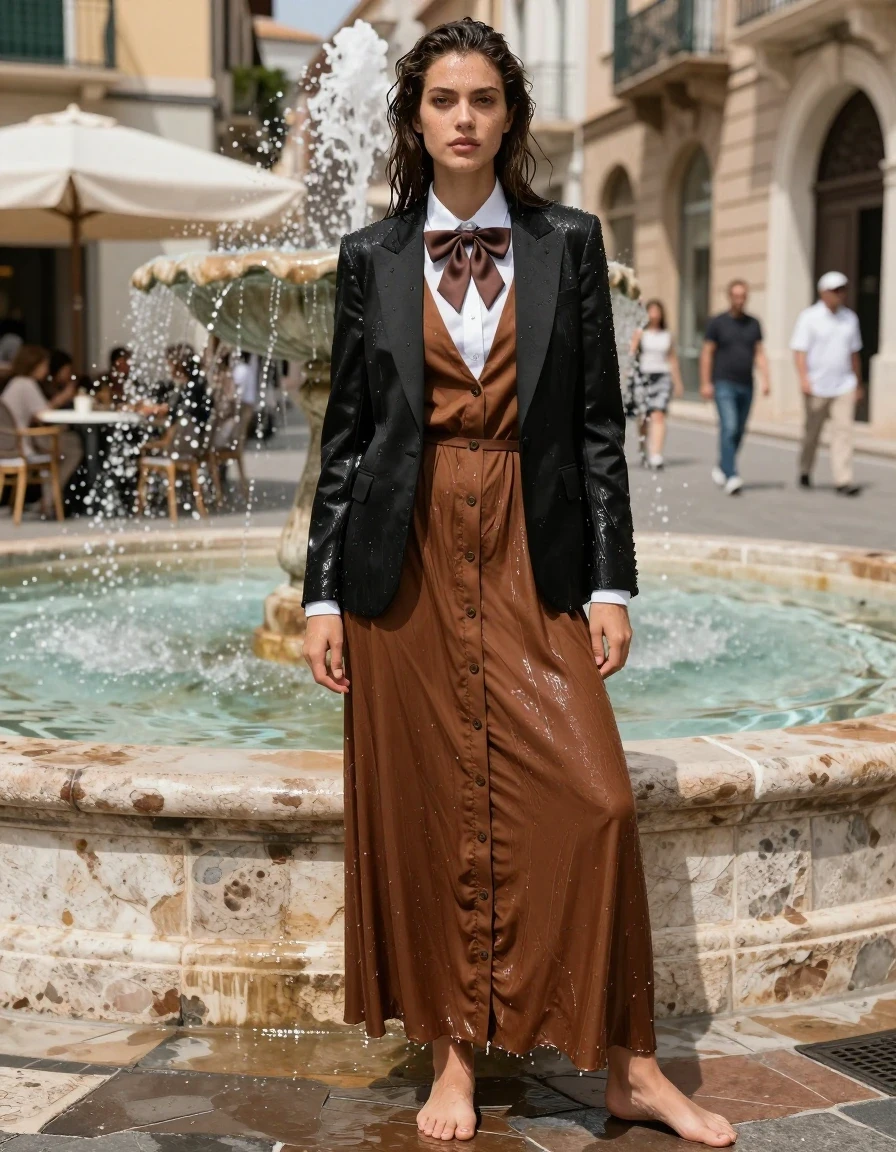 photo of young woman, in soaking wet, drenched clothes,
barefeet, brown buttoned down maxi dress, white shirt underneath, silk bowtie, black tuxedo jacket, brown buttoned down maxi dress, white shirt underneath, silk bowtie, black tuxedo jacket, scorching summer, mediterrenean street, 
enjoying, wet clothes stuck to body,
detailed textures of the wet clothes, wet face, wet plastered hair,
wet, drenched, professional, high-quality details, full body view.
sharp focus, ultra-high pixel detail, realistic, high-quality, full colors, incredibly detailed, 4k, 8k, 16k, hyper-realistic, RAW photo, masterpiece, ultra-detailed, professionally color graded, professional photograph, nerdy look. bathing in a fountain, wet skin, wet clothes, damp fabric