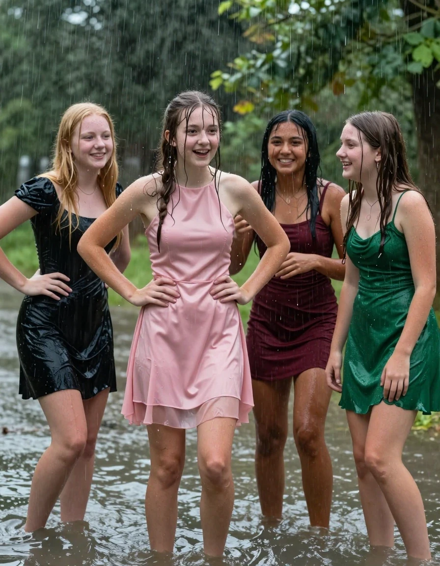 photo of young woman, in soaking wet, drenched clothes,
, , dress, 4.college girls playing in a flooded forest in the heavy rain , 
enjoying, wet clothes stuck to body,
detailed textures of the wet clothes, wet face, wet plastered hair,
wet, drenched, professional, high-quality details, full body view.
sharp focus, ultra-high pixel detail, realistic, high-quality, full colors, incredibly detailed, 4k, 8k, 16k, hyper-realistic, RAW photo, masterpiece, ultra-detailed, professionally color graded, professional photograph, Small young college girls both having fun together. All a similar age, a small nineteen year old girl, with a flat and slim body, skinny body, flat and skinny chest, a She has a wide square young face but a small very skinny waist and skinny legs, a very small chest and very small breasts, she is a pale brunette with ponytail and bangs, She has a small body, She is full of youthful energy. wearing a pink formal satin cocktail dress with a high neckline. she has her hands on her hips,. Her friend has blonde hair and is quite skinny, ,a wide square face, she is wearing a fit black short sleeve coctail dress. The third girl is 19, with a tan complexion and dark black hair, she is wearing a maroon mini dress, The 4th girl is brunette with a small body and thin legs, she is wearing a green prom dress, all of them except the blonde girl have very small breasts. wet skin, wet clothes, damp fabric,, wet skin, wet clothes, damp fabric, wet skin, wet clothes, damp fabric, wet skin, wet clothes, damp fabric, wet skin, wet clothes, damp fabric, wet skin, wet clothes, damp fabric