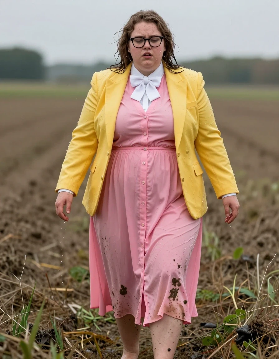 photo of young woman, in soaking wet, drenched clothes,
barefeet, pink buttoned down maxi dress, white shirt bowtie, yellow tuxedo jacket, pink buttoned down maxi dress, white shirt bowtie, yellow tuxedo jacket, getting soaked in the open fields, 
enjoying, wet clothes stuck to body,
detailed textures of the wet clothes, wet face, wet plastered hair,
wet, drenched, professional, high-quality details, full body view.
sharp focus, ultra-high pixel detail, realistic, high-quality, full colors, incredibly detailed, 4k, 8k, 16k, hyper-realistic, RAW photo, masterpiece, ultra-detailed, professionally color graded, professional photograph, plus size model, nerdy look, exhausted, muddy clothes, wet skin, wet clothes, damp fabric, wet skin, wet clothes, damp fabric