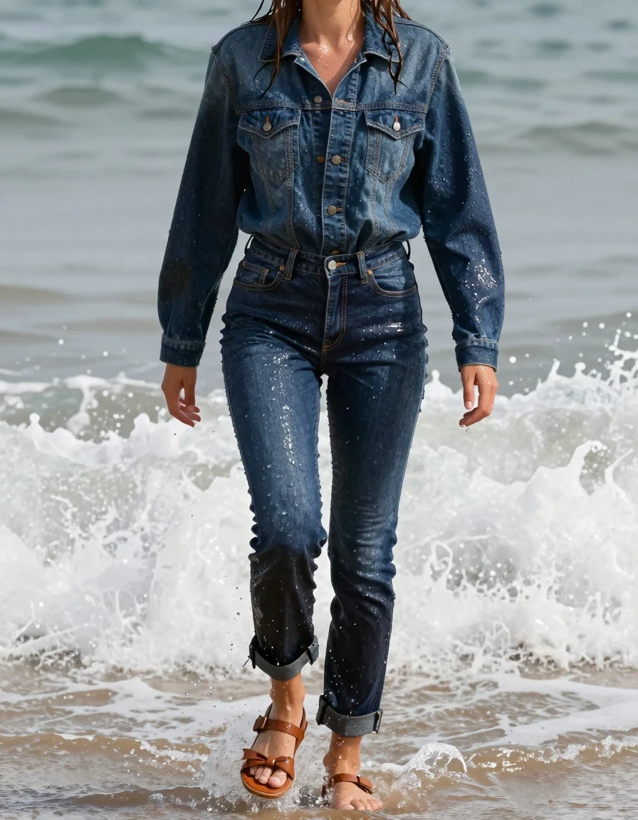 A photorealistic full-body shot of a young adult European woman with wet, matted brown hair emerging from the crashing ocean waves onto a sandy beach. She is wearing a soaking-wet jean jacket and high-waisted dark blue bootcut jeans; the denim is water-saturated heavyweight fabric, the blue shifted to deep navy and indigo with substantially darker unevenly soaked patches, heavy wet folds, and strong glossy specular reflections on the raised weave, seams, and creases. On her feet are leather sandals adorned with a delicate bow, also completely saturated and dripping with seawater. Her skin is glistening with a wet sheen, and her clothing clings heavily to her frame. The lighting is natural daylight, capturing the spray of the surf and the texture of the wet sand. High-resolution, cinematic photography, sharp focus on the fabric texture and water droplets, realistic anatomy.