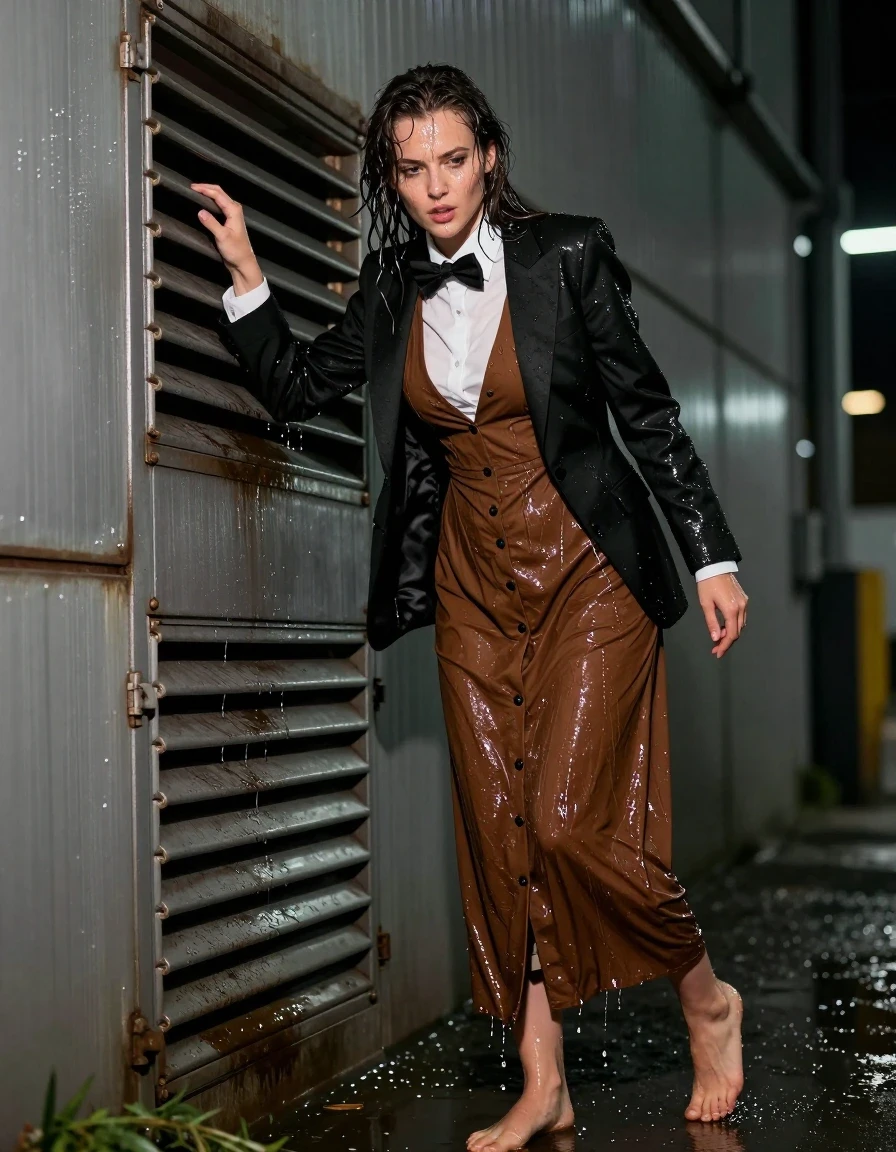 photo of young woman, in soaking wet, drenched clothes,
barefeet, brown buttoned down maxi dress, bowtie, black tuxedo jacket, brown buttoned down maxi dress, white shirt bowtie, black tuxedo jacket, streets at night, 
enjoying, wet clothes stuck to body,
detailed textures of the wet clothes, wet face, wet plastered hair,
wet, drenched, professional, high-quality details, full body view.
sharp focus, ultra-high pixel detail, realistic, high-quality, full colors, incredibly detailed, 4k, 8k, 16k, hyper-realistic, RAW photo, masterpiece, ultra-detailed, professionally color graded, professional photograph, nerdy look. crawling out of a ventillation shaft of a warehouse sweaty, wet skin, wet clothes, damp fabric, destroyed clothes, wet skin, wet clothes, damp fabric, wet skin, wet clothes, damp fabric