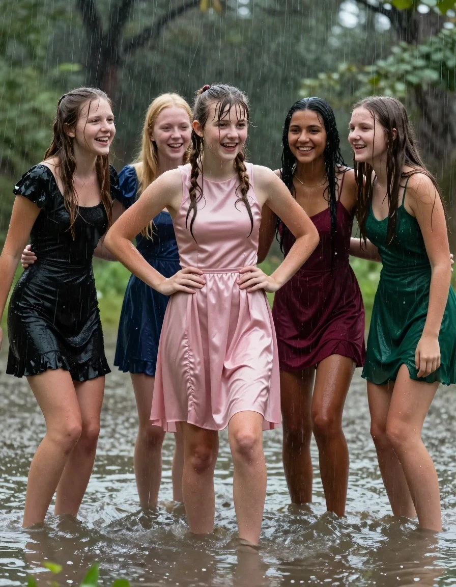 photo of young woman, in soaking wet, drenched clothes,
, , dress, 4.college girls playing in a flooded forest in the heavy rain , 
enjoying, wet clothes stuck to body,
detailed textures of the wet clothes, wet face, wet plastered hair,
wet, drenched, professional, high-quality details, full body view.
sharp focus, ultra-high pixel detail, realistic, high-quality, full colors, incredibly detailed, 4k, 8k, 16k, hyper-realistic, RAW photo, masterpiece, ultra-detailed, professionally color graded, professional photograph, Small young college girls both having fun together. All a similar age, a small nineteen year old girl, with a flat and slim body, skinny body, flat and skinny chest, a She has a wide square young face but a small very skinny waist and skinny legs, a very small chest and very small breasts, she is a pale brunette with ponytail and bangs. She has a small body, She is full of youthful energy. wearing a pink formal satin cocktail dress with a high neckline. she has her hands on her hips,. Her friend has blonde hair and is quite skinny, ,a wide square face, she is wearing a fit black short sleeve coctail dress. The third girl is 19, with a tan complexion and dark black hair, she is wearing a maroon mini dress, The 4th girl is brunette with a small body and thin legs, she is wearing a green prom dress, all of them except the blonde girl have very small breasts. wet skin, wet clothes, damp fabric,, wet skin, wet clothes, damp fabric, wet skin, wet clothes, damp fabric, wet skin, wet clothes, damp fabric, wet skin, wet clothes, damp fabric