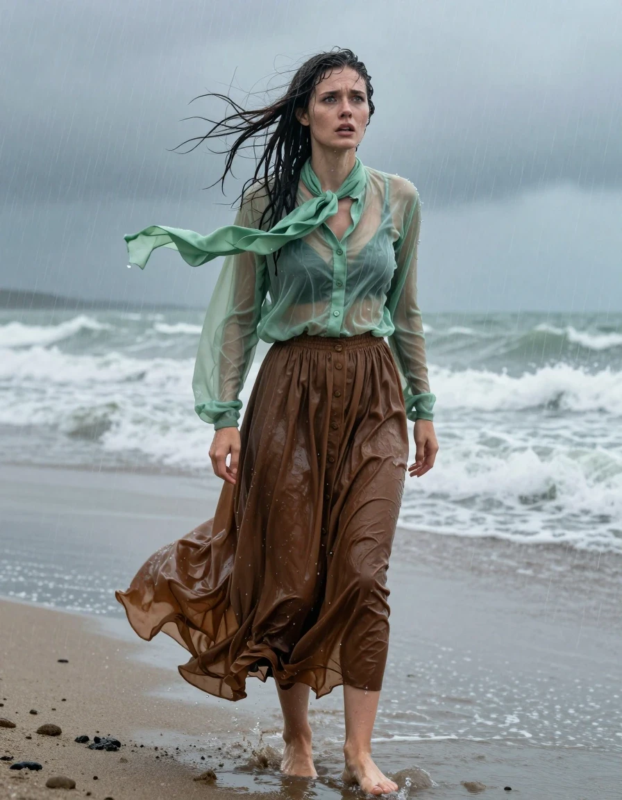 A photorealistic full-body shot of a young adult European woman standing on a desolate North Sea beach. She is completely soaked in a torrential downpour, her skin glistening with heavy water sheen and her hair plastered to her face. She wears an oversized, sheer light green long-sleeved buttoned-down blouse that is clinging to her skin, darkened and translucent from the rain, paired with a brown buttoned-down maxi skirt that is heavy and saturated with water, clinging to her legs. A bowtie at her neck is drenched, limp, and flapping violently in the gale-force wind. She is barefoot, standing on the wet, dark sand. Her expression is one of genuine fear, eyes wide as the powerful wind whips her skirt and bowtie around her body. The atmosphere is cold and moody with grey, stormy skies and crashing waves in the background. High-detail cinematic lighting, hyper-realistic water droplets, fabric texture showing weight and deep folds, sharp focus on the textures of the soaked clothing, 8k resolution, professional photography.