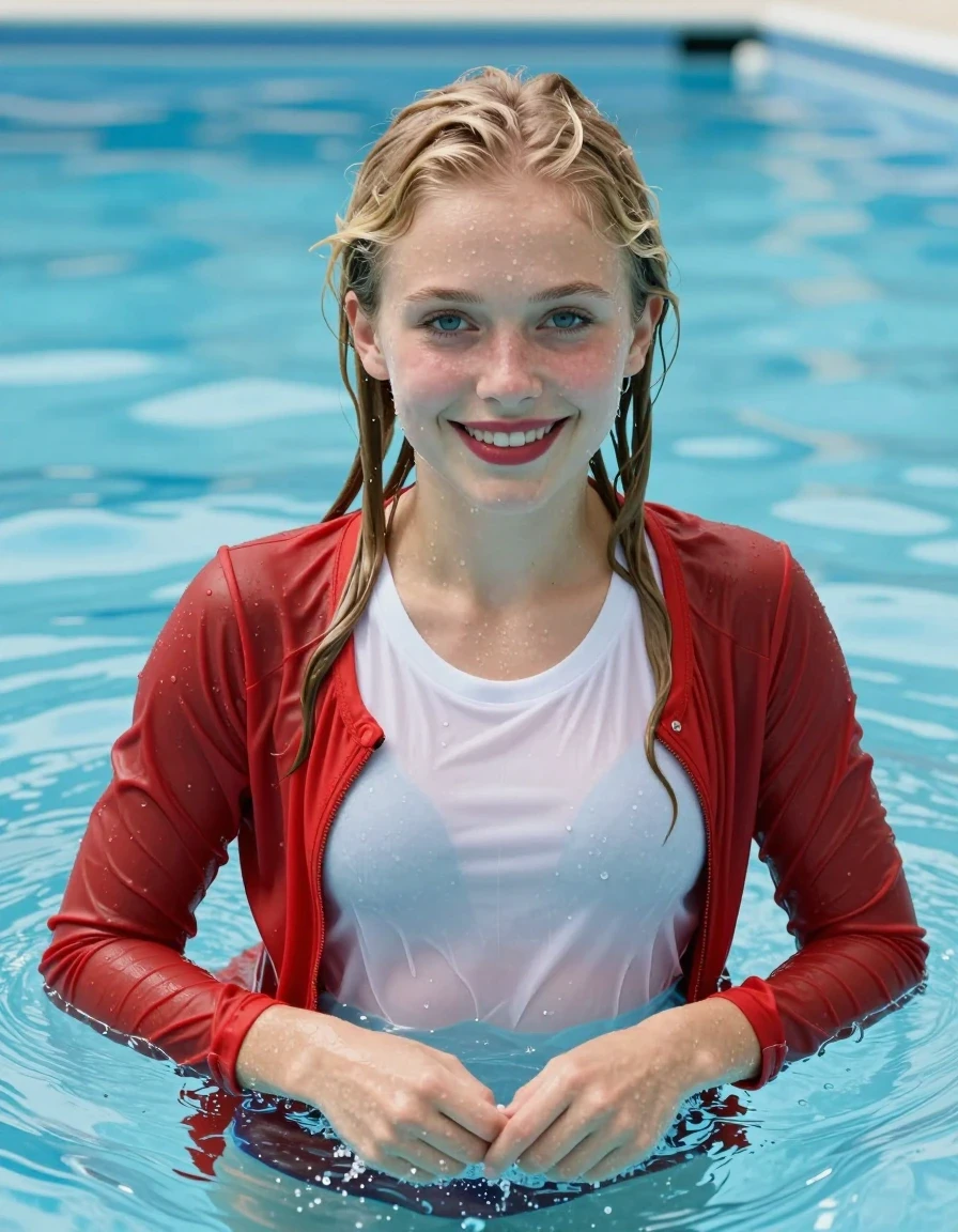 photo of young woman, in soaking wet, drenched clothes,
White t-shirt & red longsleeves cardigan, Swimming in pool, 
enjoying, wet clothes stuck to body,
detailed textures of the wet clothes, wet face, wet plastered hair,
wet, drenched, professional, high-quality details, full body view.
sharp focus, ultra-high pixel detail, realistic, high-quality, full colors, incredibly detailed, 4k, 8k, 16k, hyper-realistic, RAW photo, masterpiece, ultra-detailed, professionally color graded, professional photograph, Young girl swimming submerged in pool, smiling, blue eyes, long blond hair, red lipstick, wet skin, wet clothes, damp fabric