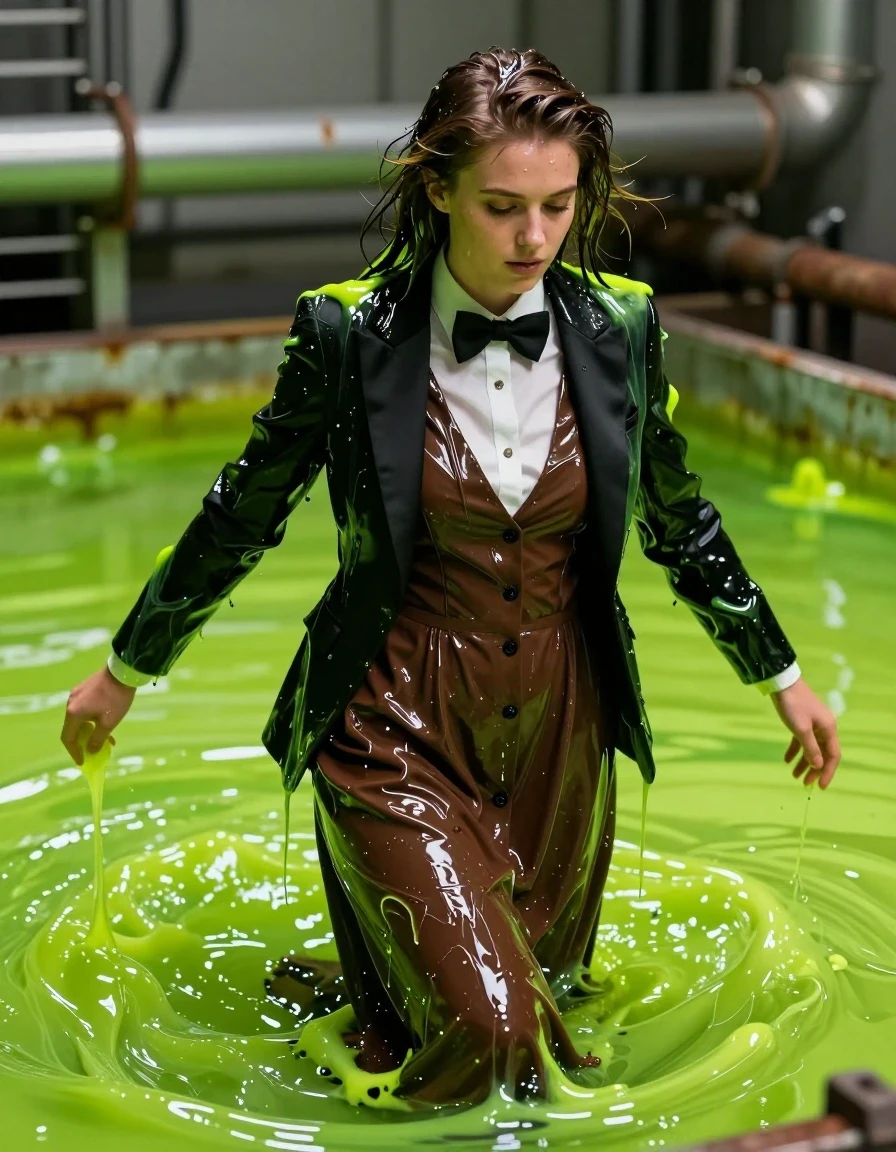 A photorealistic medium shot of a young adult European woman in a slime factory, captured in a dynamic, high-detail composition. She is wearing a brown buttoned-down maxi dress layered with a crisp white shirt, a black bowtie, and a tailored black tuxedo jacket. She is actively swimming through a thick, viscous puddle of glowing neon-green slime. The clothing is heavily saturated, with the brown fabric of the maxi dress appearing significantly darkened, clinging to her form with heavy, wet folds and a slick, viscous coating. The white shirt and black tuxedo jacket are soaked through, showing deep, unevenly saturated patches, with the slime dripping from the fabric edges. Her skin and hair are coated in a glossy, wet sheen, with strands of hair plastered to her face. The environment is an industrial slime factory with rusted pipes, metallic grates, and dim, moody lighting reflecting off the thick green liquid. High-contrast cinematic lighting, sharp focus on the texture of the wet fabrics and the viscosity of the slime, 8k resolution, hyper-realistic skin textures, professional photography.