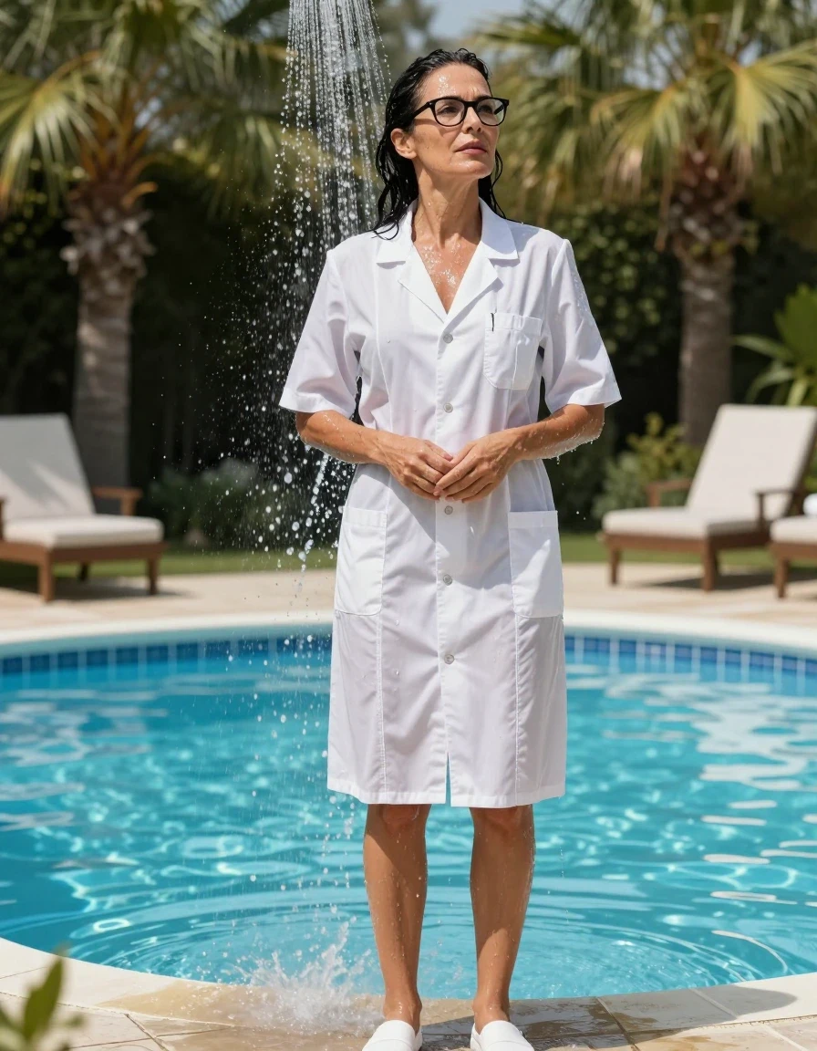 photo of young woman, in soaking wet, drenched clothes,
shoes, long flared white labcoat with short sleeves, long flared white labcoat with short sleeves, taking shower in sunny swimming pool, 
enjoying, wet clothes stuck to body,
detailed textures of the wet clothes, wet face, wet plastered hair,
wet, drenched, professional, high-quality details, full body view.
sharp focus, ultra-high pixel detail, realistic, high-quality, full colors, incredibly detailed, 4k, 8k, 16k, hyper-realistic, RAW photo, masterpiece, ultra-detailed, professionally color graded, professional photograph, europen brunette skinny woman 50 years old, long dark black hair, very big and thick lips,  office glasses, complete body, wet skin, wet clothes, damp fabric, wet skin, wet clothes, damp fabric, wet skin, wet clothes, damp fabric, wet skin, wet clothes, damp fabric, wet skin, wet clothes, damp fabric