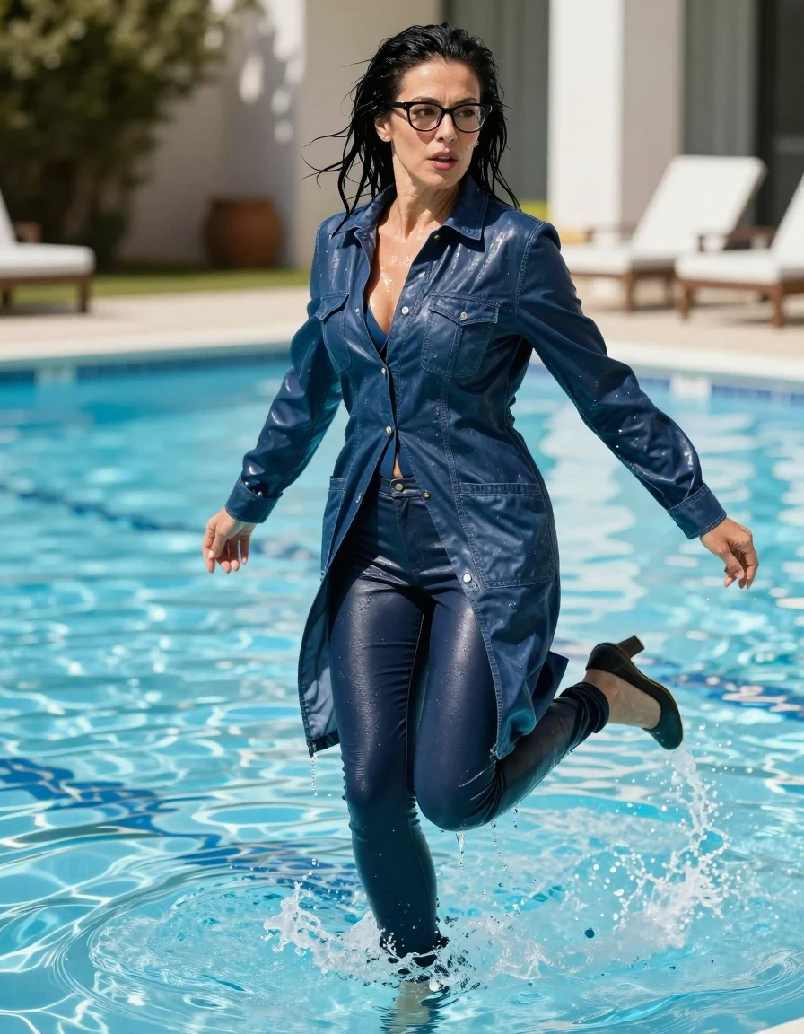 photo of young woman, in soaking wet, drenched clothes,
shoes, long dark blue tight leather jeans,  dark blue leather denim shirt, maxi flared dark blue denim labcoat with long sleeves, jumped in water in sunny swimming pool, 
enjoying, wet clothes stuck to body,
detailed textures of the wet clothes, wet face, wet plastered hair,
wet, drenched, professional, high-quality details, full body view.
sharp focus, ultra-high pixel detail, realistic, high-quality, full colors, incredibly detailed, 4k, 8k, 16k, hyper-realistic, RAW photo, masterpiece, ultra-detailed, professionally color graded, professional photograph, europen brunette skinny woman 50 years old, long dark black hair, very big and thick lips,  office glasses, complete body, wet skin, wet clothes, damp fabric, wet skin, wet clothes, damp fabric, wet skin, wet clothes, damp fabric, wet skin, wet clothes, damp fabric, wet skin, wet clothes, damp fabric