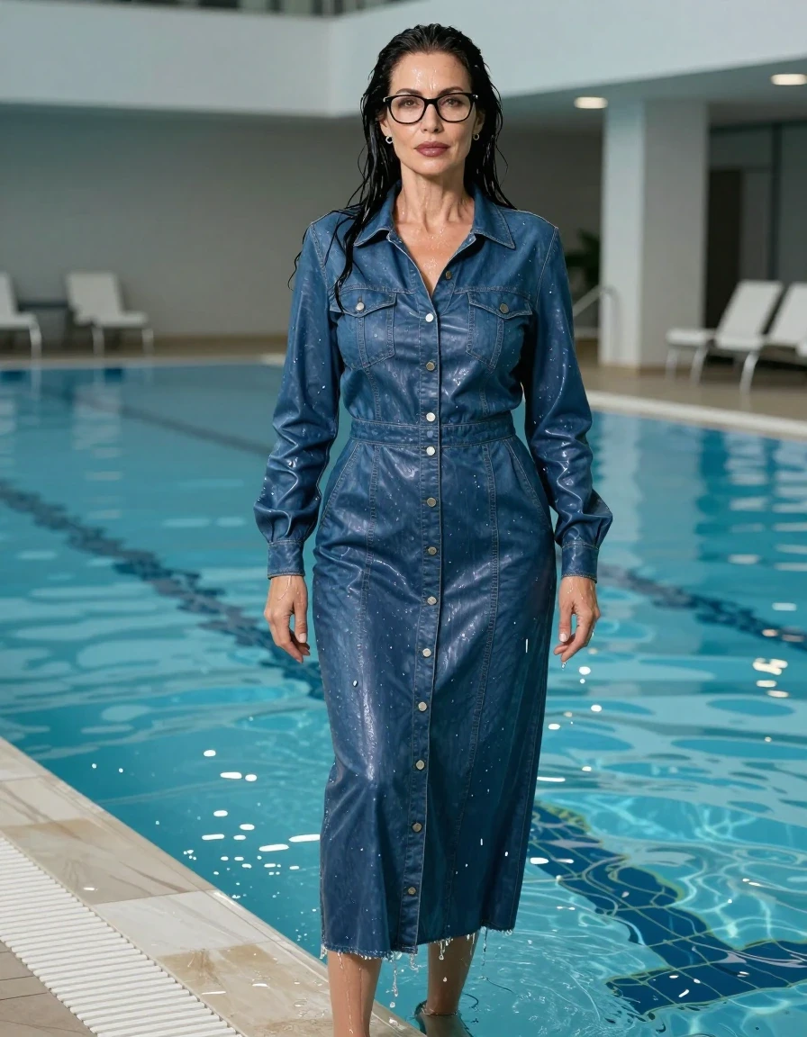 photo of young woman, in soaking wet, drenched clothes,
shoes, maxi blue leather denim dress with long sleeves and buttons, maxi blue leather denim dress with long sleeves and buttons,  indoor swimming pool , enjoying%2C%20wet%20clothestuck body, 
enjoying, wet clothes stuck to body,
detailed textures of the wet clothes, wet face, wet plastered hair,
wet, drenched, professional, high-quality details, full body view.
sharp focus, ultra-high pixel detail, realistic, high-quality, full colors, incredibly detailed, 4k, 8k, 16k, hyper-realistic, RAW photo, masterpiece, ultra-detailed, professionally color graded, professional photograph, europen brunette skinny woman 50 years old, long dark black hair, very big and thick lips,  office glasses, complete body, wet skin, wet clothes, damp fabric, wet skin, wet clothes, damp fabric, wet skin, wet clothes, damp fabric, wet skin, wet clothes, damp fabric, wet skin, wet clothes, damp fabric