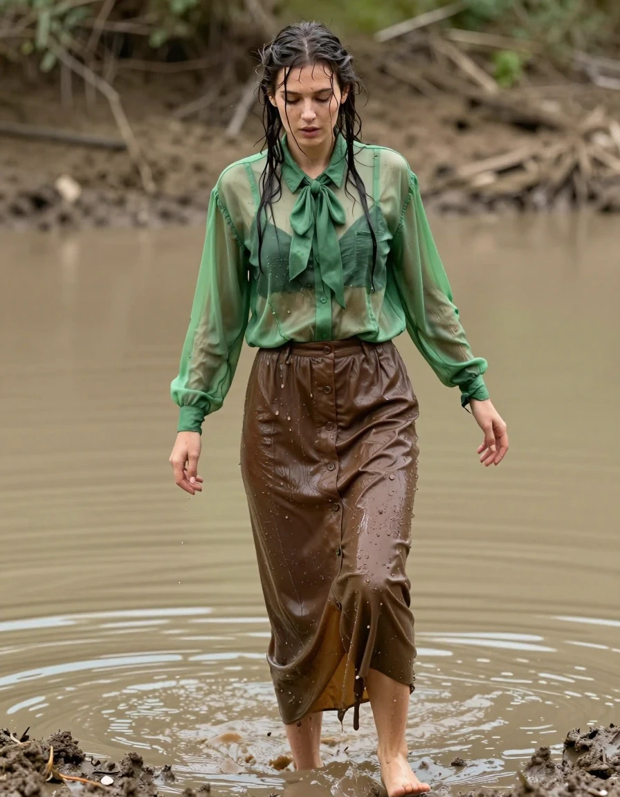 photo of young woman, in soaking wet, drenched clothes,
barefeet, oversized sheer green long-sleeved buttoned down blouse, bowtie, brown buttoned down maxi skirt, pit of mud, 
enjoying, wet clothes stuck to body,
detailed textures of the wet clothes, wet face, wet plastered hair,
wet, drenched, professional, high-quality details, full body view.
sharp focus, ultra-high pixel detail, realistic, high-quality, full colors, incredibly detailed, 4k, 8k, 16k, hyper-realistic, RAW photo, masterpiece, ultra-detailed, professionally color graded, professional photograph, swimming in mud, nerdy look, wet skin, wet clothes, damp fabric