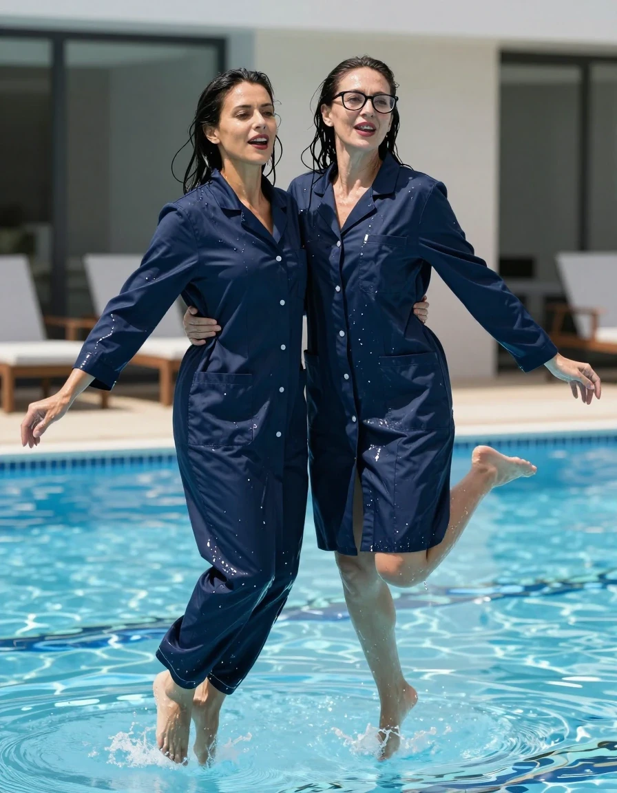 photo of young woman, in soaking wet, drenched clothes,
shoes, long flared dark blue labcoat with long sleeves, long flared dark blue labcoat with long sleeves, jumping in sunny swimming pool, 
enjoying, wet clothes stuck to body,
detailed textures of the wet clothes, wet face, wet plastered hair,
wet, drenched, professional, high-quality details, full body view.
sharp focus, ultra-high pixel detail, realistic, high-quality, full colors, incredibly detailed, 4k, 8k, 16k, hyper-realistic, RAW photo, masterpiece, ultra-detailed, professionally color graded, professional photograph, two europen brunette skinny women 50 years old, long dark black hair, very big and thick lips,  office glasses, complete body, wet skin, wet clothes, damp fabric, wet skin, wet clothes, damp fabric, wet skin, wet clothes, damp fabric, wet skin, wet clothes, damp fabric, wet skin, wet clothes, damp fabric