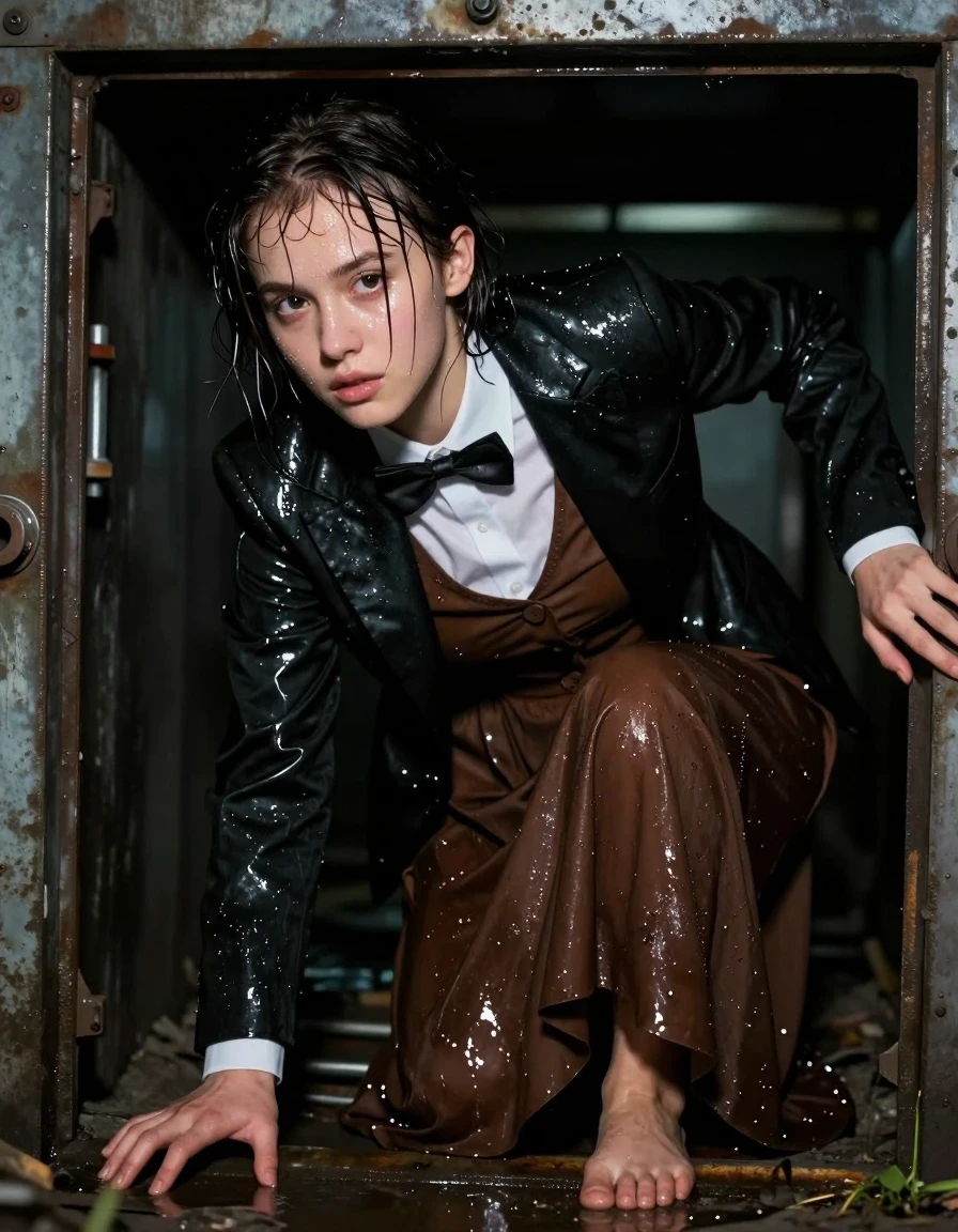 A photorealistic medium-shot of a young adult European woman with a nerdy look, crawling out from the dark metallic opening of a ventilation shaft in a gritty industrial warehouse at night. Her skin is glistening with sweat and moisture, with damp, stray strands of hair clinging to her forehead. She is wearing a brown buttoned-down maxi dress that is soaking wet, with the fabric darkened to a deep, saturated espresso tone, clinging heavily to her frame with visible wet folds, water-saturated texture, and glossy specular highlights on the fabric's surface. Layered over the dress is a black tuxedo jacket, also damp and heavy with moisture, worn over a crisp white shirt with a bowtie, the fabric showing deep saturation and clinging to her shoulders. Her bare feet are visible as she emerges from the shaft, skin damp and grimy. The clothes are partially destroyed and torn from the crawl. The scene is set in a dimly lit, shadowy warehouse street at night, with cold ambient moonlight catching the wet sheen on her clothes and skin. High-detail photographic quality, cinematic lighting, sharp focus on the wet fabric textures, realistic skin pores and water droplets, 8k resolution.