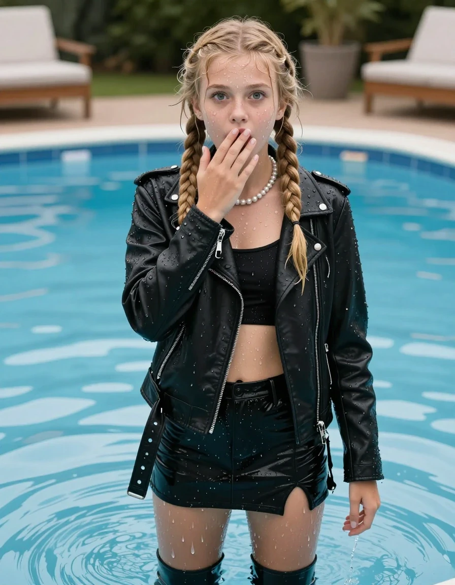 photo of young woman, in soaking wet, drenched clothes,
Black boots, Short black mini skirt, Black biker leatherjacket, crop top, Pearl necklace, Party pool, 
enjoying, wet clothes stuck to body,
detailed textures of the wet clothes, wet face, wet plastered hair,
wet, drenched, professional, high-quality details, full body view.
sharp focus, ultra-high pixel detail, realistic, high-quality, full colors, incredibly detailed, 4k, 8k, 16k, hyper-realistic, RAW photo, masterpiece, ultra-detailed, professionally color graded, professional photograph, 15-years-old blonde teenage girl, two wet long braids, wet skin, hold her hand on her mouth, afraid and astonished, open mouth, big eyes, looking up at camera, wet clothes, damp fabric, wet skin, wet clothes, damp fabric