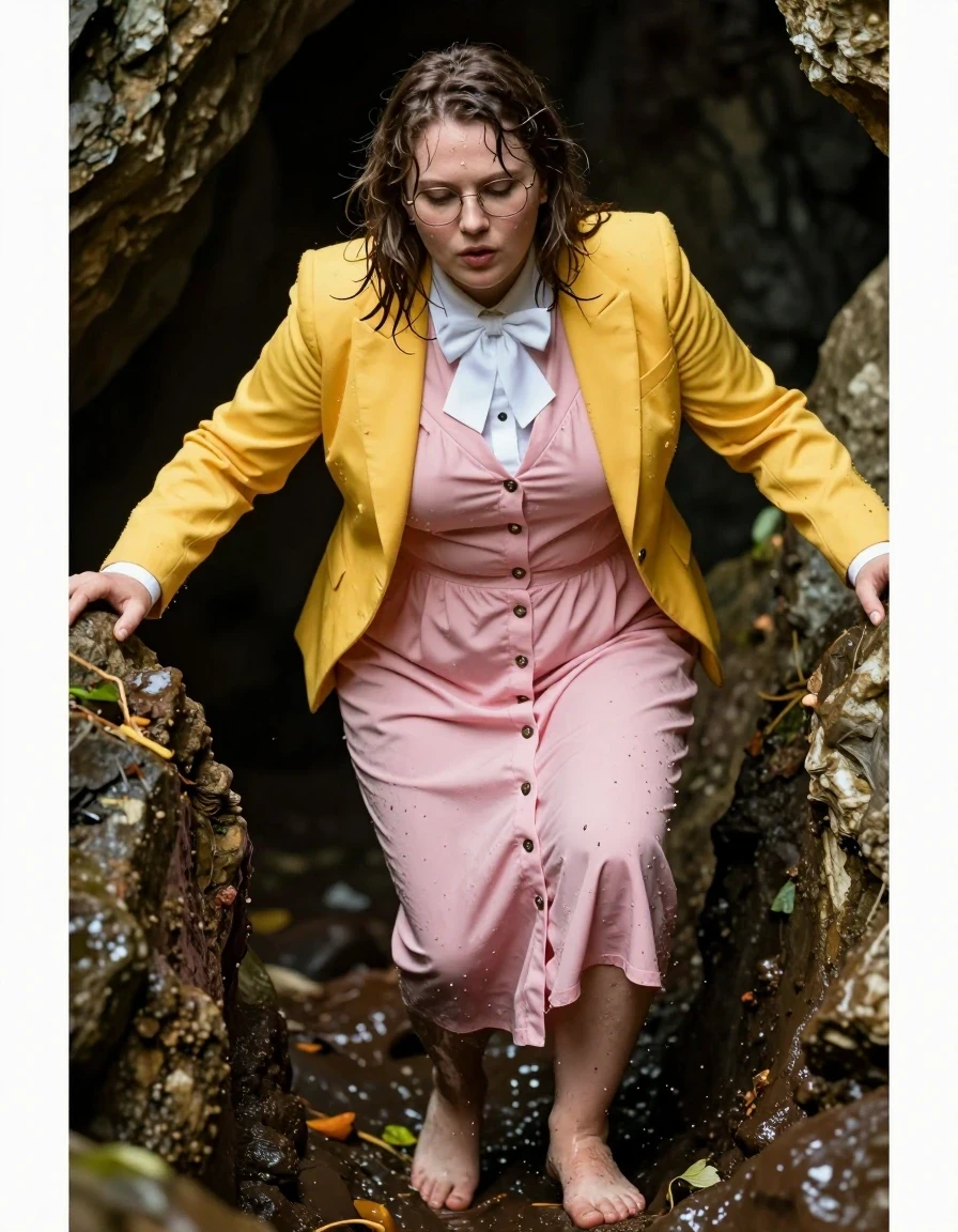photo of young woman, in soaking wet, drenched clothes,
barefeet, pink buttoned down maxi dress, white shirt bowtie, yellow tuxedo jacket, pink buttoned down maxi dress, white shirt bowtie, yellow tuxedo jacket, climbing out of a cave, 
enjoying, wet clothes stuck to body,
detailed textures of the wet clothes, wet face, wet plastered hair,
wet, drenched, professional, high-quality details, full body view.
sharp focus, ultra-high pixel detail, realistic, high-quality, full colors, incredibly detailed, 4k, 8k, 16k, hyper-realistic, RAW photo, masterpiece, ultra-detailed, professionally color graded, professional photograph, plus size model, nerdy look, exhausted, muddy clothes, wet skin, wet clothes, damp fabric