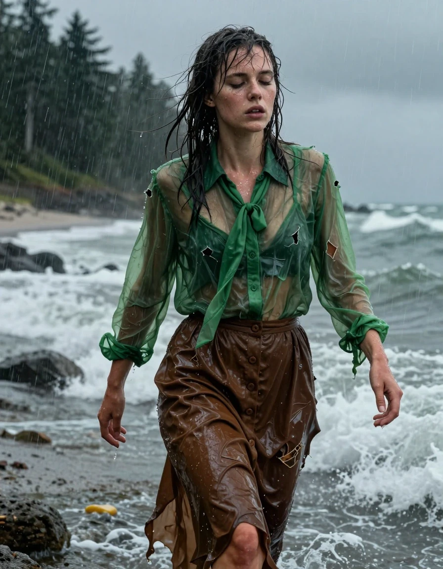 A hyper-realistic full-body shot of a young adult European woman climbing out of the North Sea onto a rugged, storm-swept beach bordering a dense, dark forest. She is completely exhausted, her appearance disheveled and raw. She wears an oversized sheer green long-sleeved buttoned-down blouse with a bowtie, and a brown buttoned-down maxi skirt. The clothing is destroyed, tattered, and clinging to her frame. Every garment is heavily saturated, soaked through with seawater, showing deep color shifts, heavy wet folds, and translucent patches where the fabric adheres to her skin. Her skin is glistening with a realistic water sheen, with salt-crusted hair plastered to her face and shoulders. The environment is a torrential rainstorm, with grey, turbulent waves crashing in the background and a dark, moody atmosphere. High-contrast cinematic lighting captures the glossy, wet textures of the fabric and skin. Photorealistic, 8k resolution, detailed skin pores, intricate fabric weave, wet hair strands, dramatic weather effects.