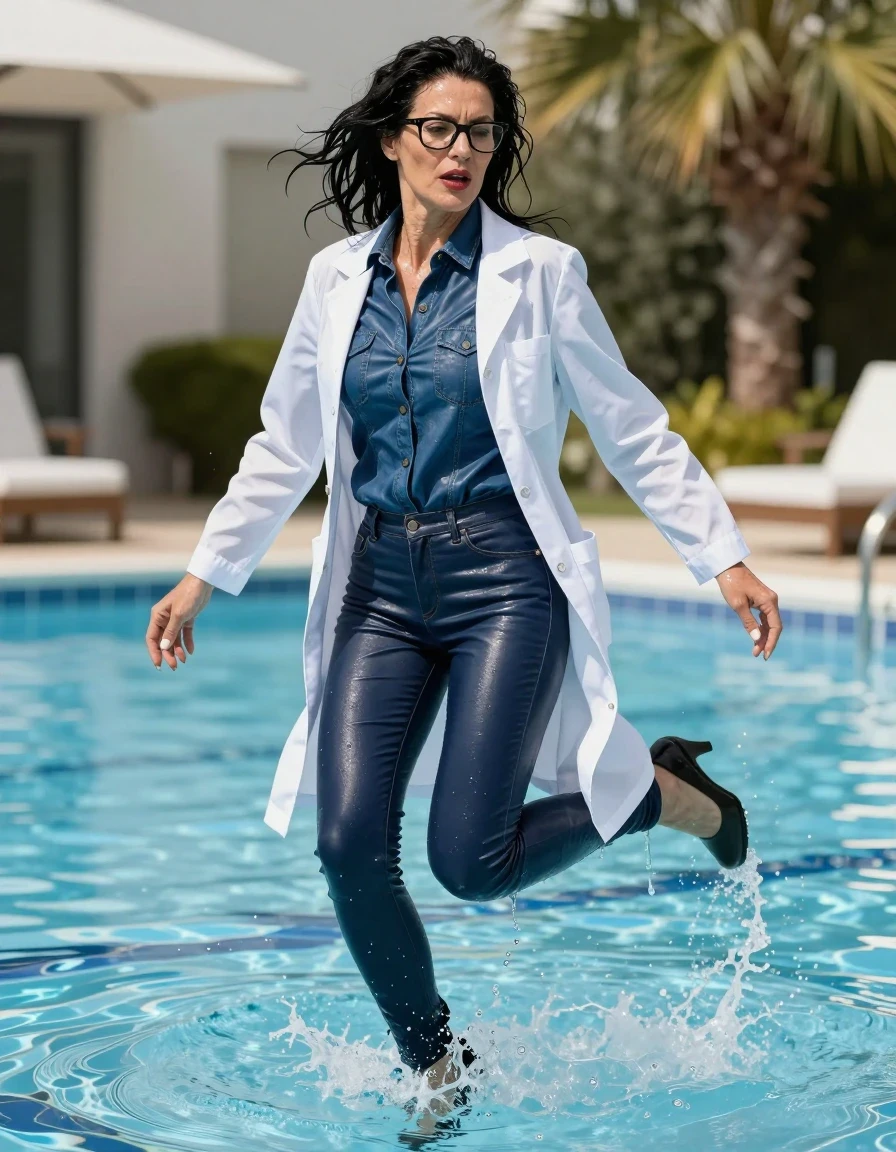photo of young woman, in soaking wet, drenched clothes,
shoes, long dark blue tight leather jeans,  dark blue leather denim shirt, maxi flared white labcoat with long sleeves, jumped in water in sunny swimming pool, 
enjoying, wet clothes stuck to body,
detailed textures of the wet clothes, wet face, wet plastered hair,
wet, drenched, professional, high-quality details, full body view.
sharp focus, ultra-high pixel detail, realistic, high-quality, full colors, incredibly detailed, 4k, 8k, 16k, hyper-realistic, RAW photo, masterpiece, ultra-detailed, professionally color graded, professional photograph, europen brunette skinny woman 50 years old, long dark black hair, very big and thick lips,  office glasses, complete body, wet skin, wet clothes, damp fabric, wet skin, wet clothes, damp fabric, wet skin, wet clothes, damp fabric, wet skin, wet clothes, damp fabric, wet skin, wet clothes, damp fabric