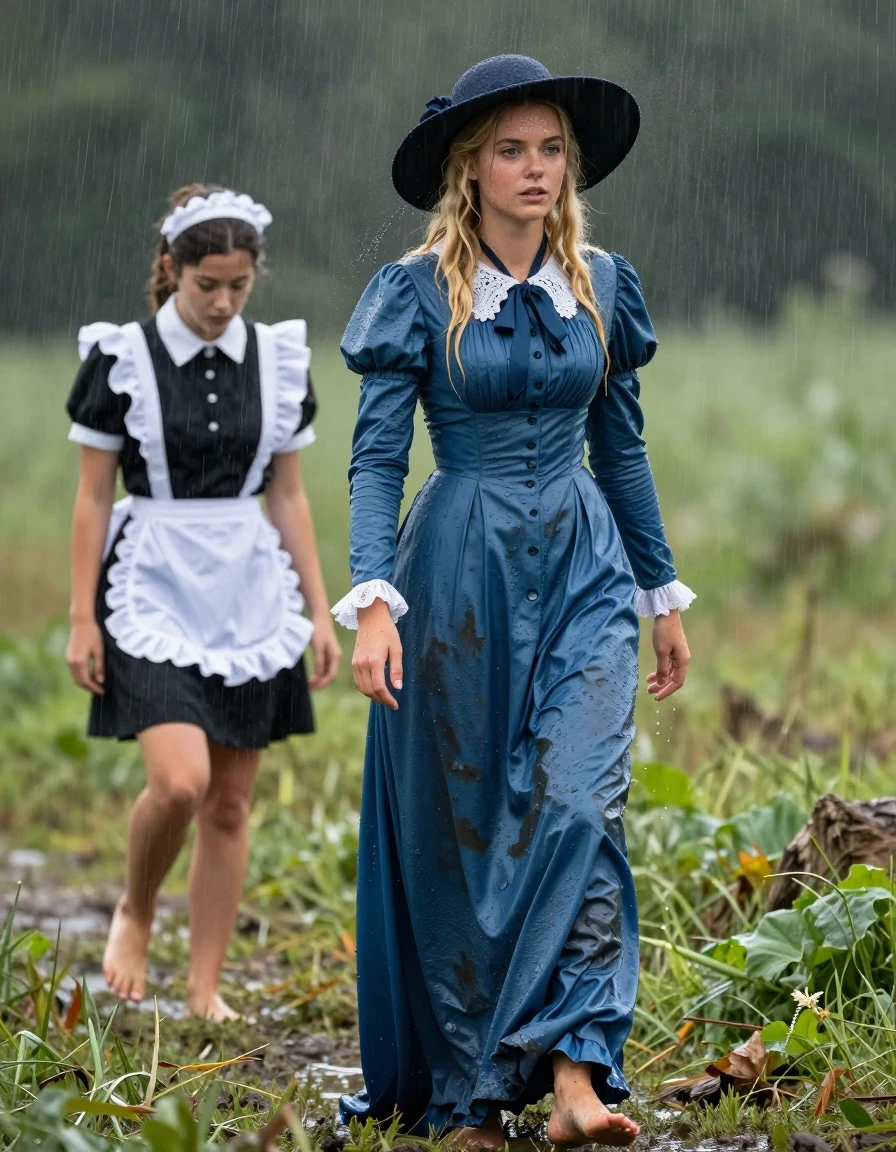 photo of young woman, in soaking wet, drenched clothes,
barefeet, aristocratic long sleeved maxi blue regency era dress, hat, aristocratic long sleeved maxi blue regency era dress, fields in heavy rain, 
enjoying, wet clothes stuck to body,
detailed textures of the wet clothes, wet face, wet plastered hair,
wet, drenched, professional, high-quality details, full body view.
sharp focus, ultra-high pixel detail, realistic, high-quality, full colors, incredibly detailed, 4k, 8k, 16k, hyper-realistic, RAW photo, masterpiece, ultra-detailed, professionally color graded, professional photograph, blonde mud wrestling with a brunette wearing a maid uniform, wet skin, wet clothes, damp fabric