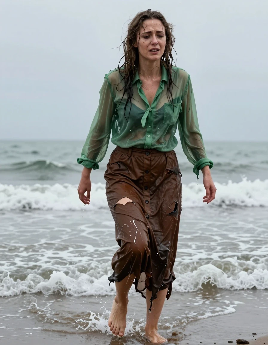 A photorealistic medium shot of a young adult European woman climbing out of the surf onto a cold, desolate North Sea beach after a shipwreck. She is completely exhausted, with a weary, desperate expression, her skin pale and glistening with salt water, hair matted and damp. She wears an oversized sheer green long-sleeved buttoned-down blouse with a bowtie, and a brown buttoned-down maxi skirt. Her clothing is destroyed, tattered, and clinging to her body; the fabric is heavily soaked, translucent in places, and darkened by deep water saturation, showing heavy wet folds, clinging texture, and visible damp fabric weight. Her bare feet are pressed into the wet, dark sand. The scene features harsh, overcast North Sea lighting, cold atmosphere, realistic water sheen on skin and clothes, high-contrast wet textures, 8k resolution, sharp focus, cinematic photography, raw aesthetic.